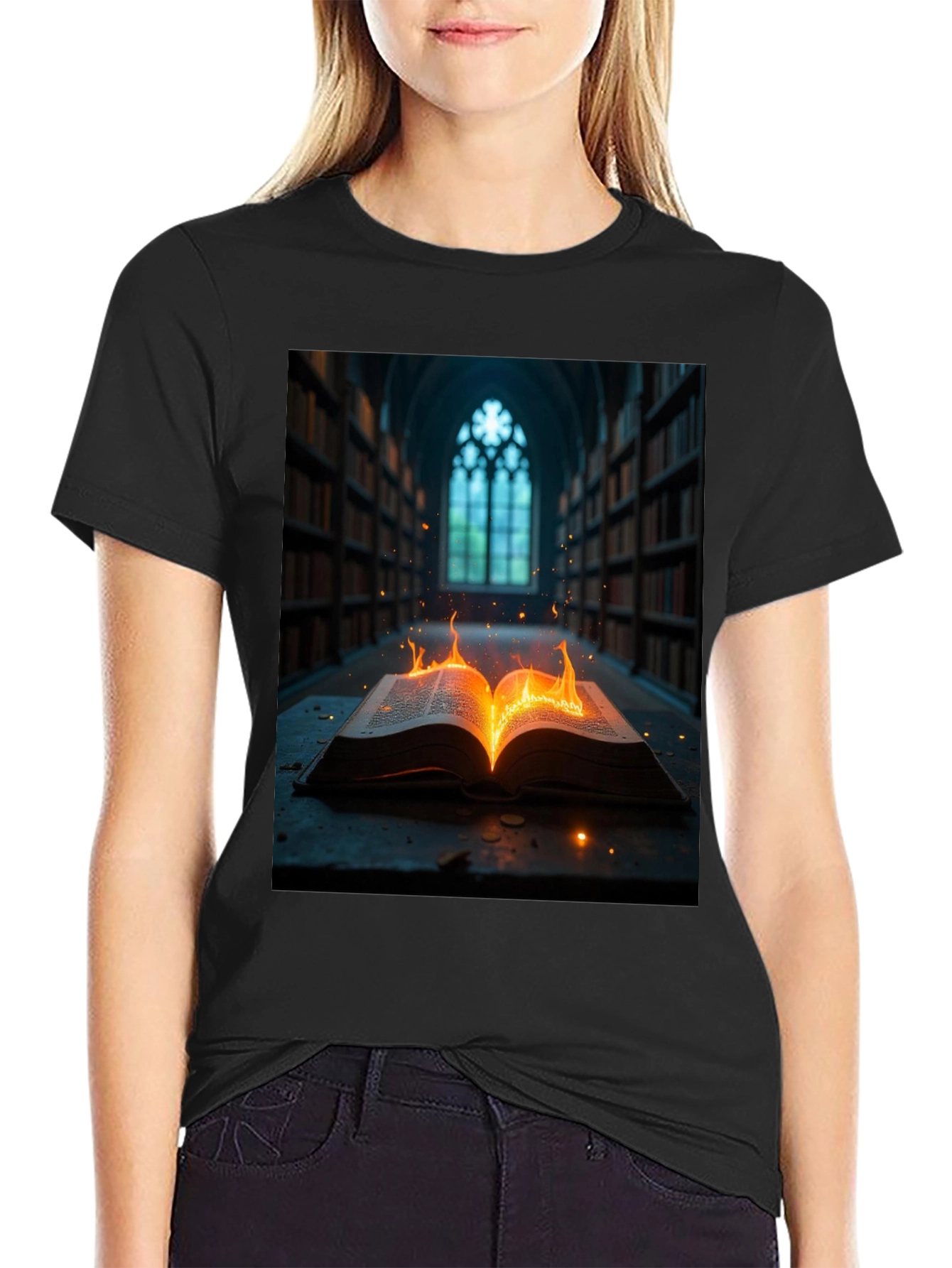 Black Mystical Burning Book Graphic Tee view 2