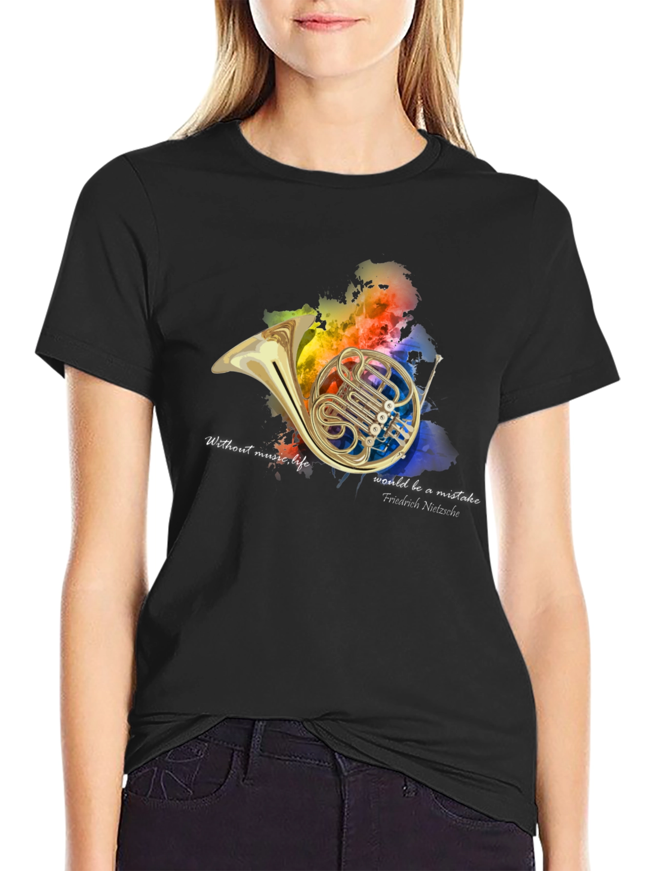Black French Horn Music Lover T-Shirt view 2