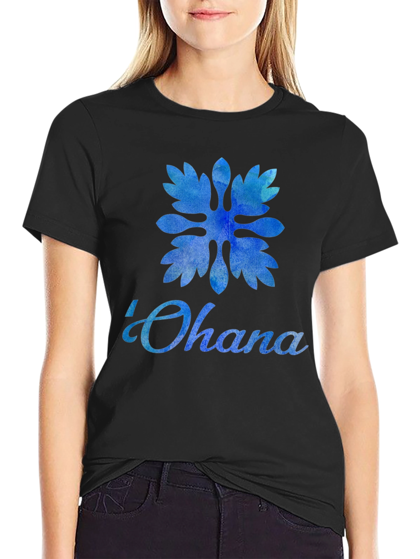 Black Ohana Blue Floral T-Shirt - Family Means Everything view 2