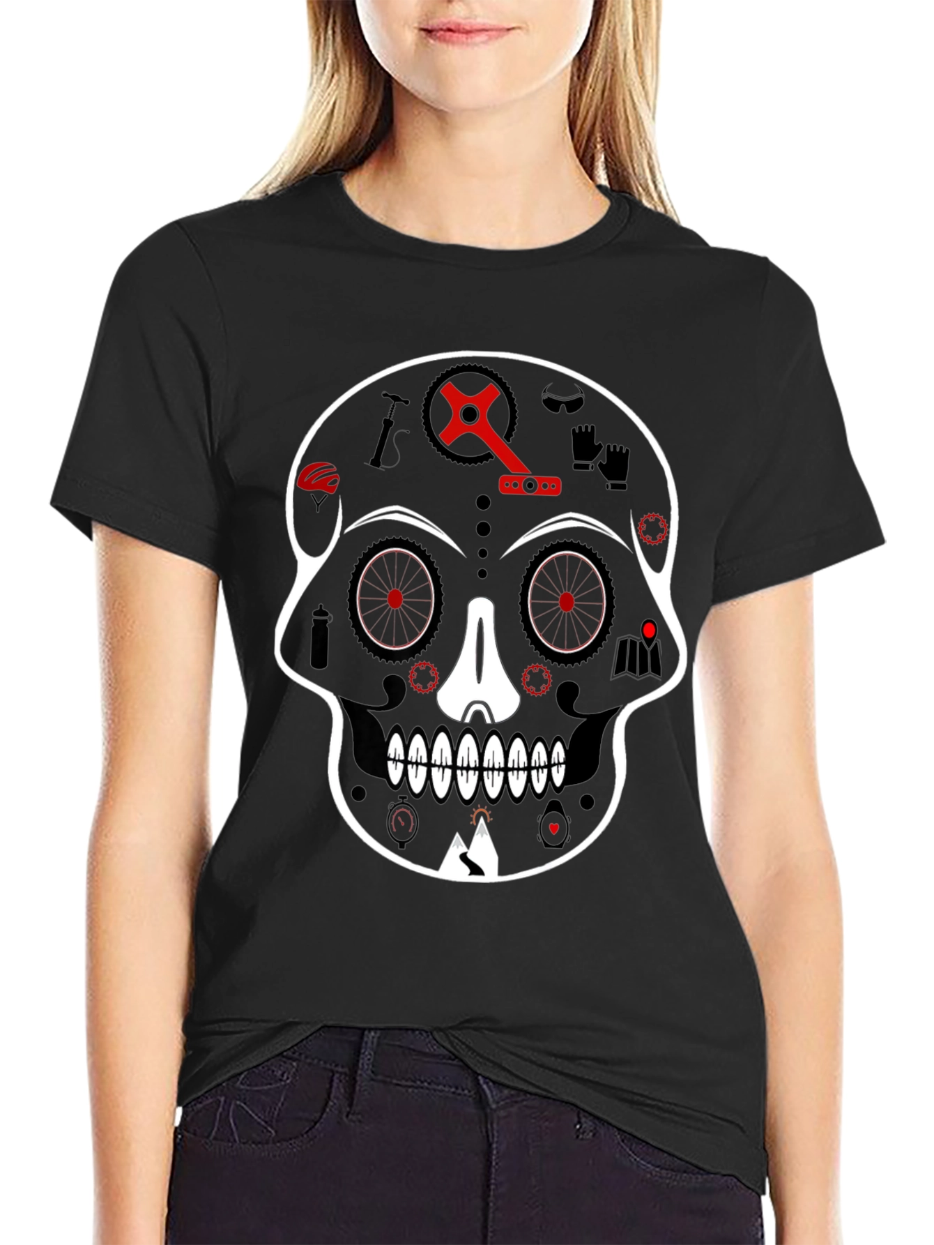 Black Skull Bicycle Graphic Tee - Cool Biker T-Shirt view 2