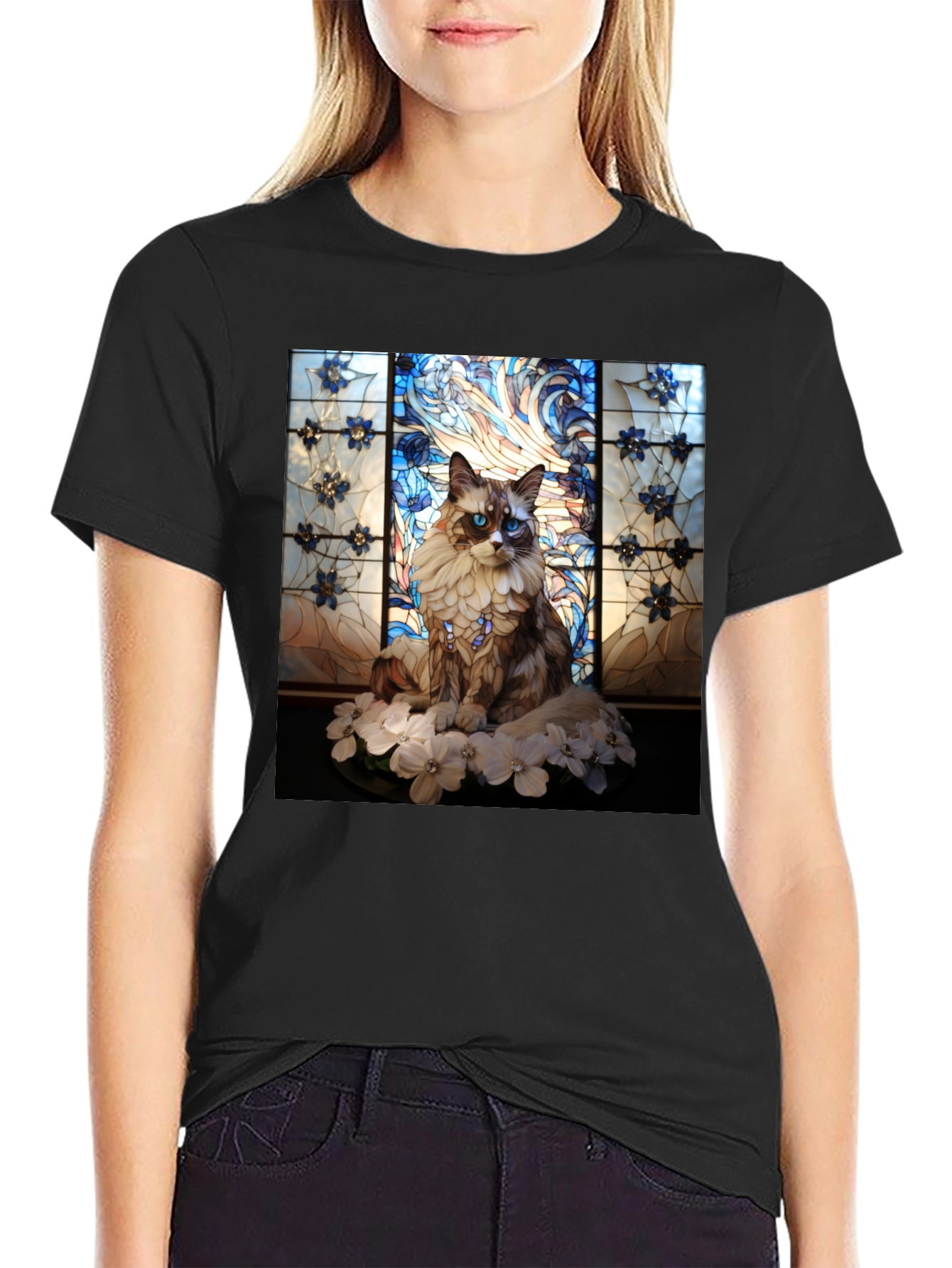 Black Stained Glass Cat Portrait T-Shirt view 2