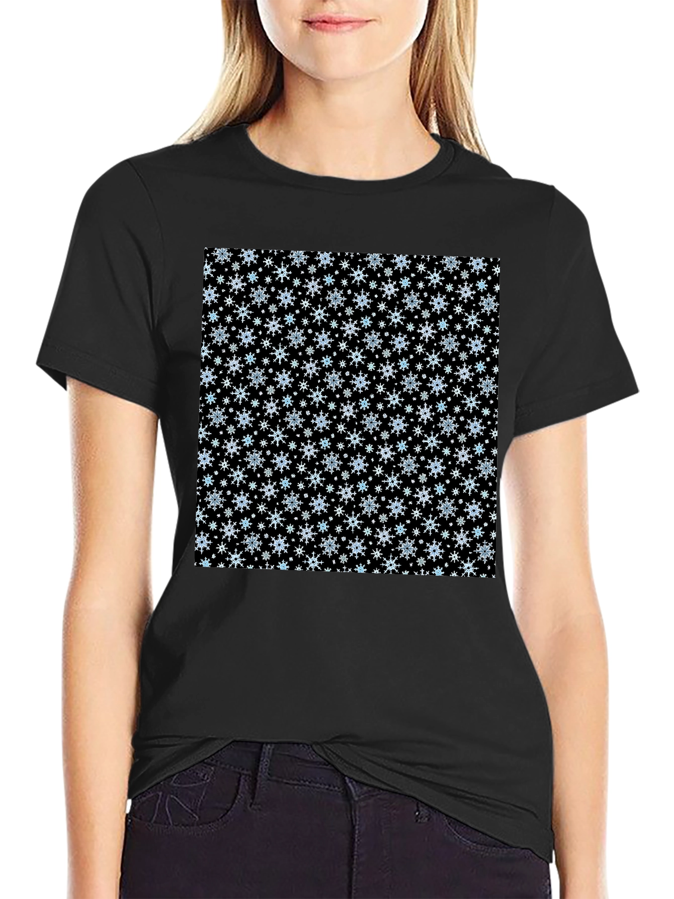 Black Snowflake Pattern Black T-Shirt view 2