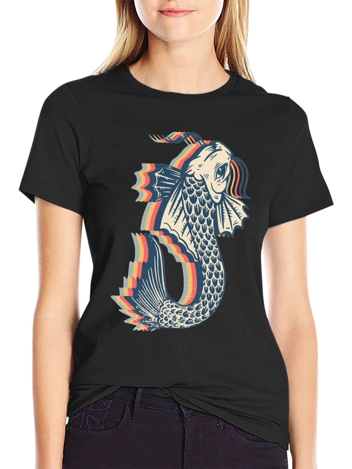 Black Retro Koi Fish Graphic Tee - Black Cotton Blend view 2