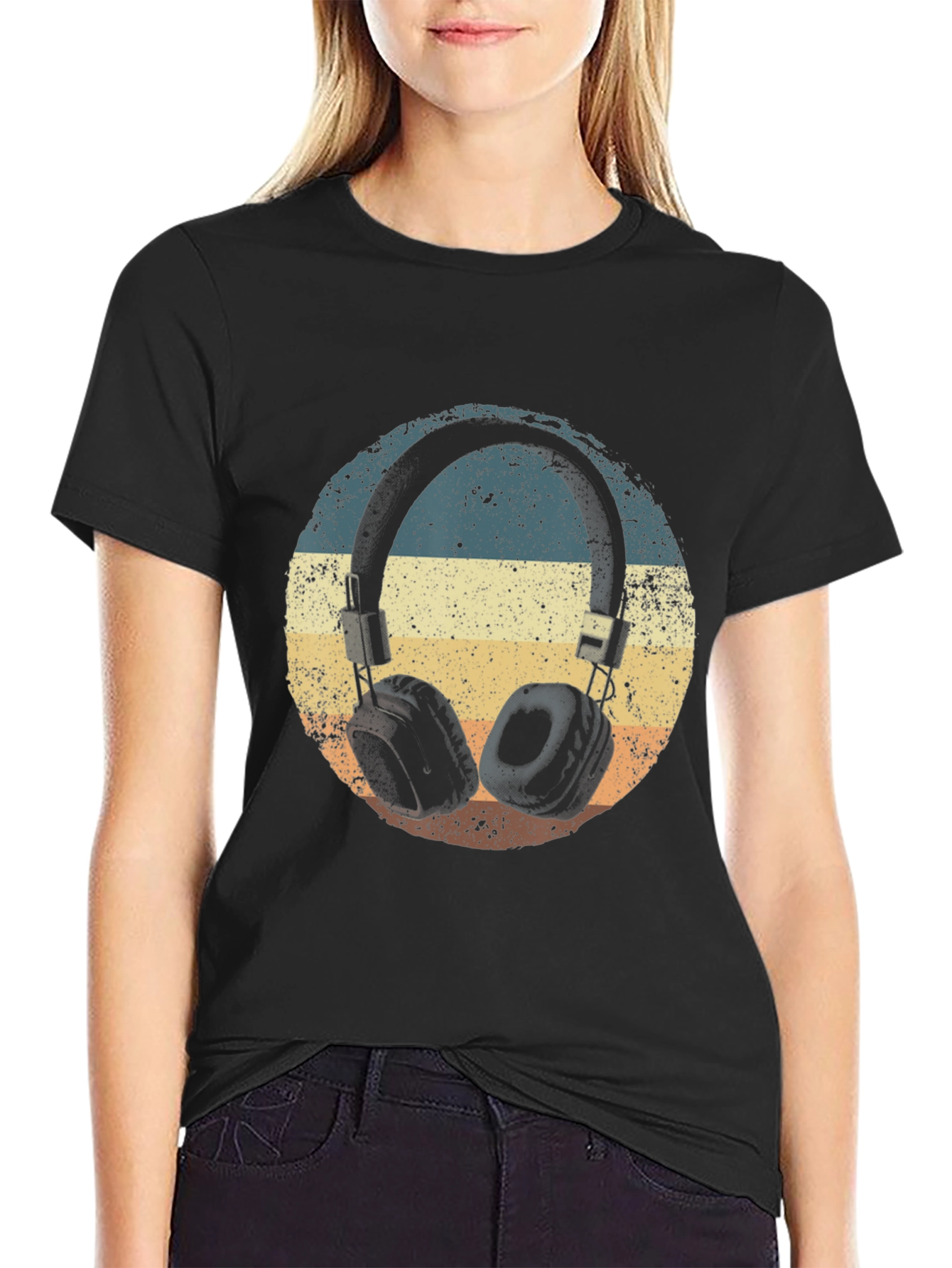 Black Retro Headphones T-Shirt - Vintage Style Music Tee view 2