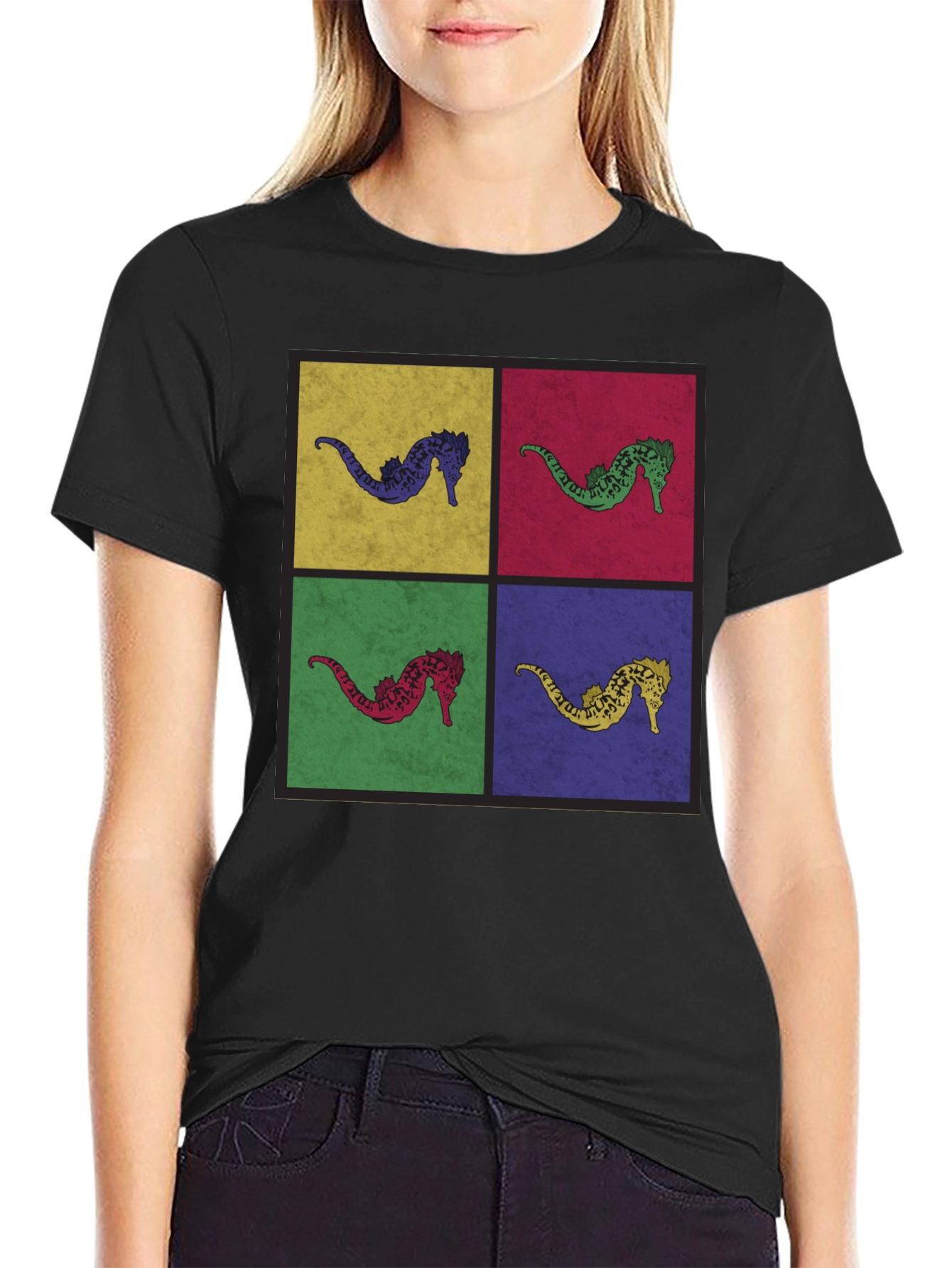 Black Pop Art Seahorse Graphic T-Shirt - Black view 2