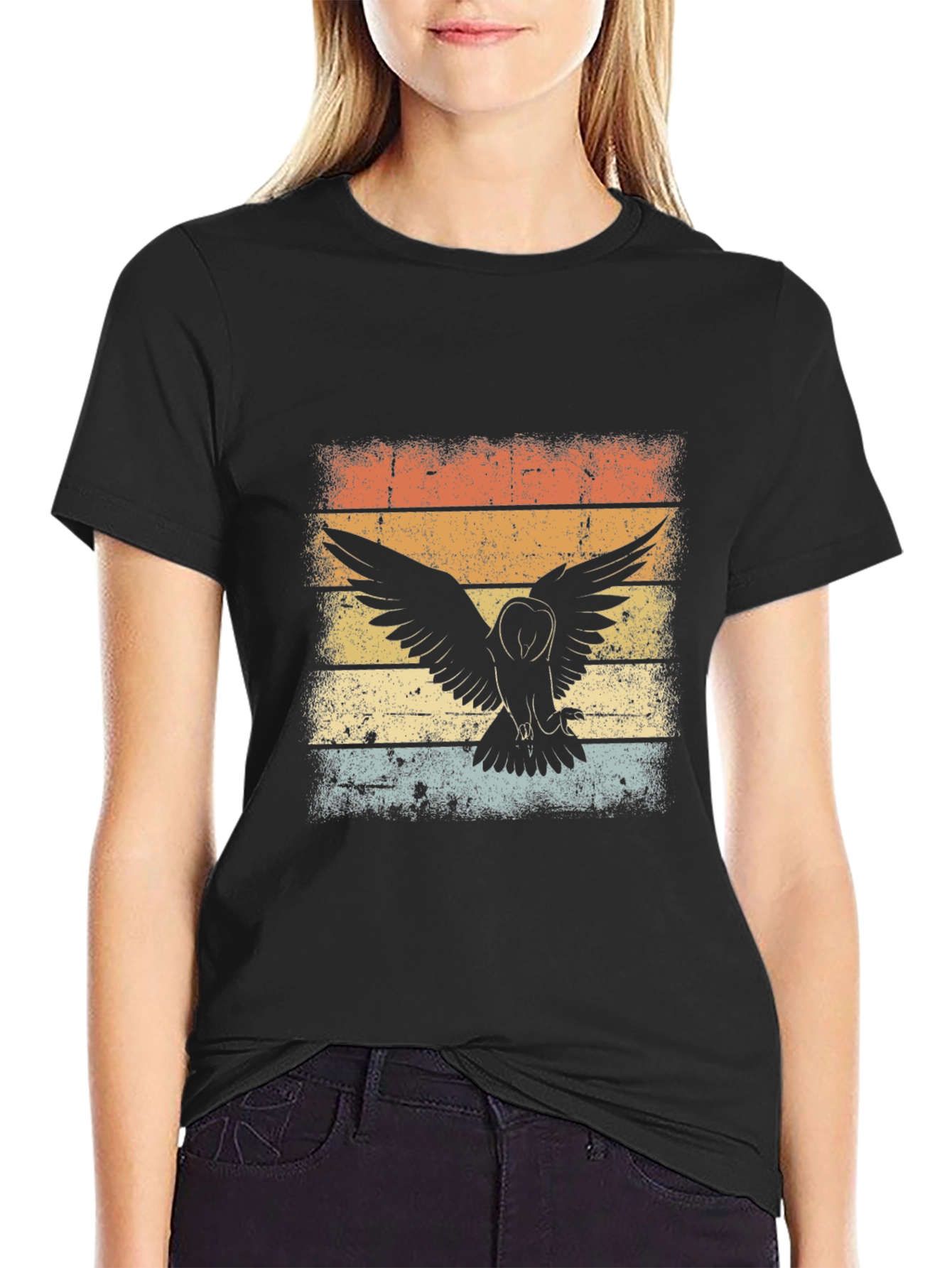 Black Vintage Owl Sunset T-Shirt - Black view 2