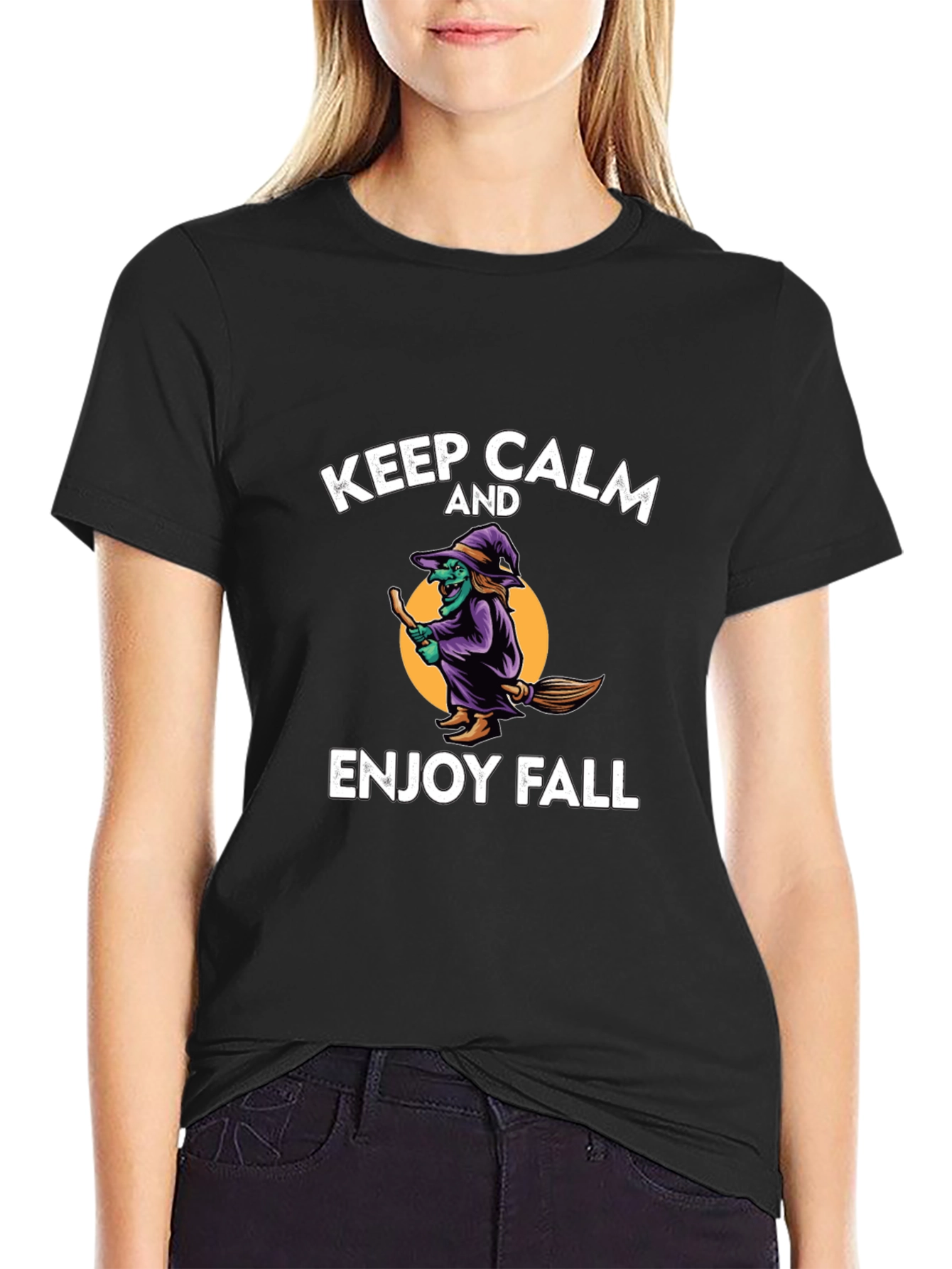 Black Keep Calm Enjoy Fall T-Shirt Witch Halloween view 2