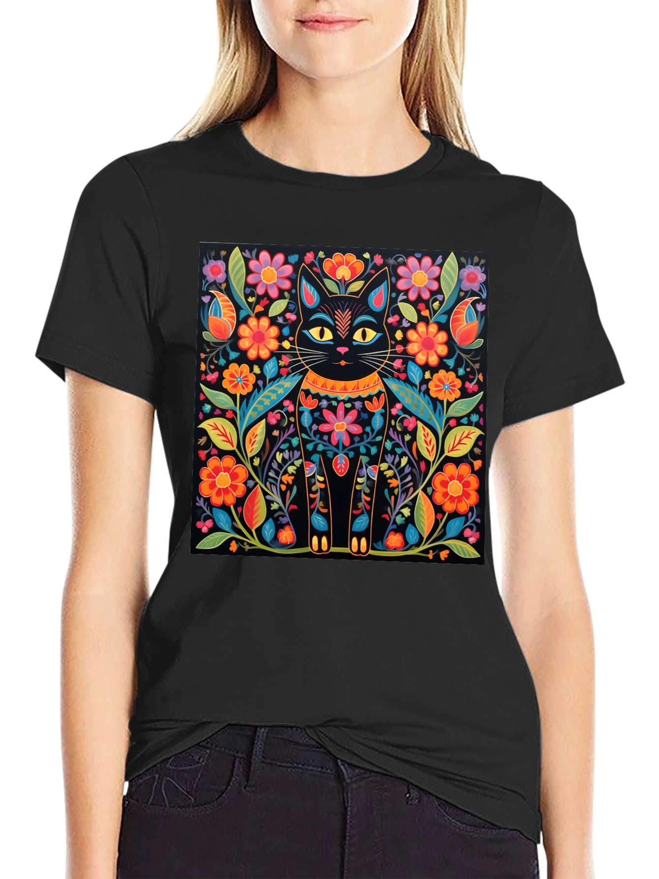 Black Floral Cat Graphic Print Black T-Shirt view 2