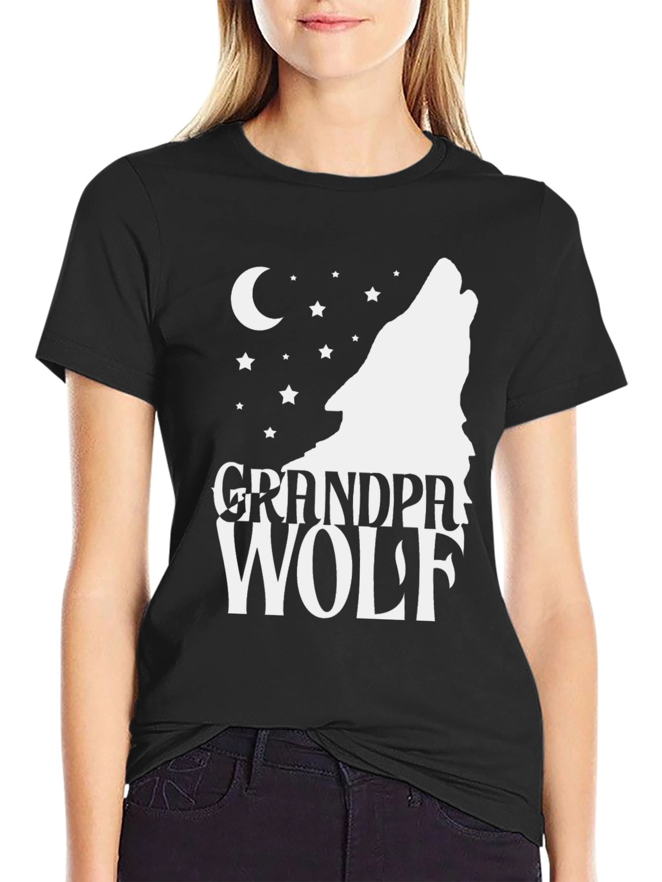 Black Grandpa Wolf T-Shirt - Howling Moon Design view 2