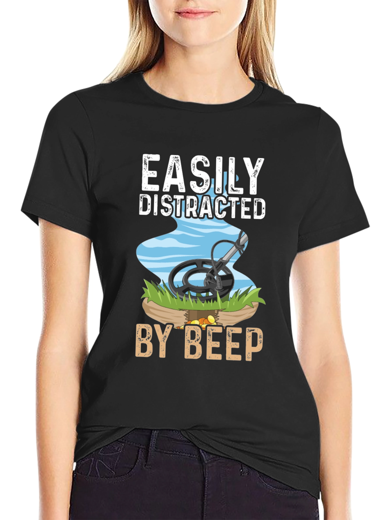 Black Easily Distracted By Beep T-Shirt Metal Detecting Hobby view 2