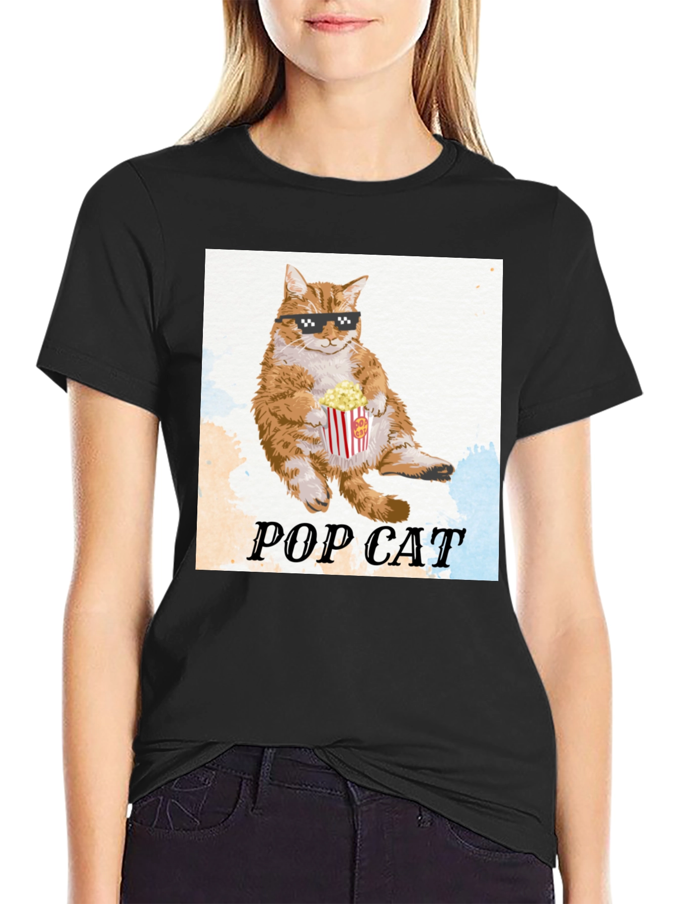 Black Pop Cat T-Shirt: Cool Cat with Popcorn view 2