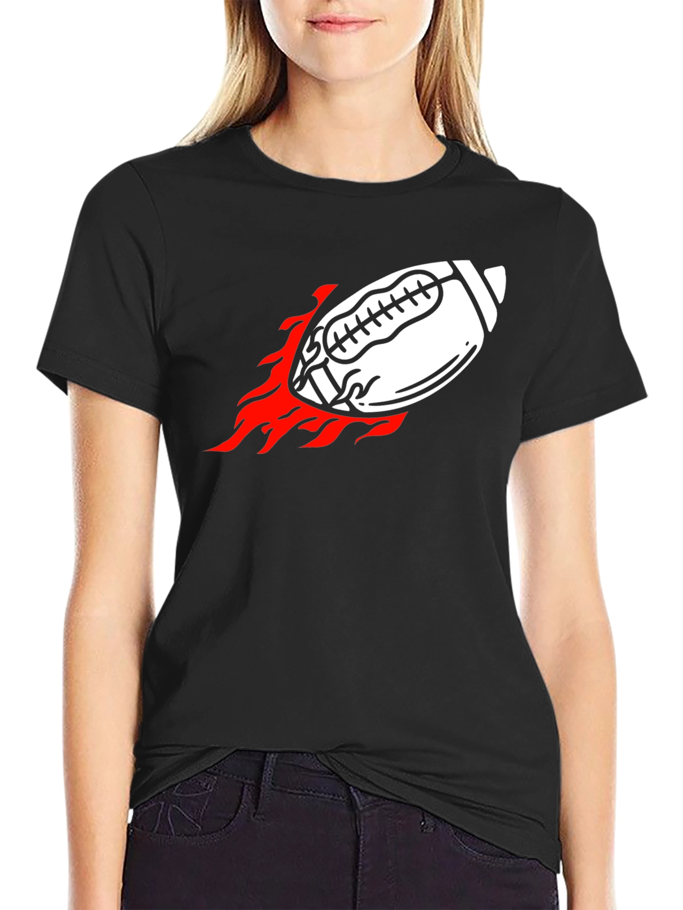 Black Flaming Football Graphic Tee - Black Cotton Shirt view 2