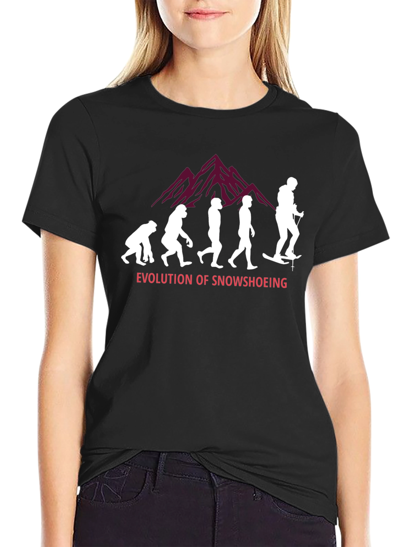 Black Evolution of Snowshoeing Black T-Shirt view 2