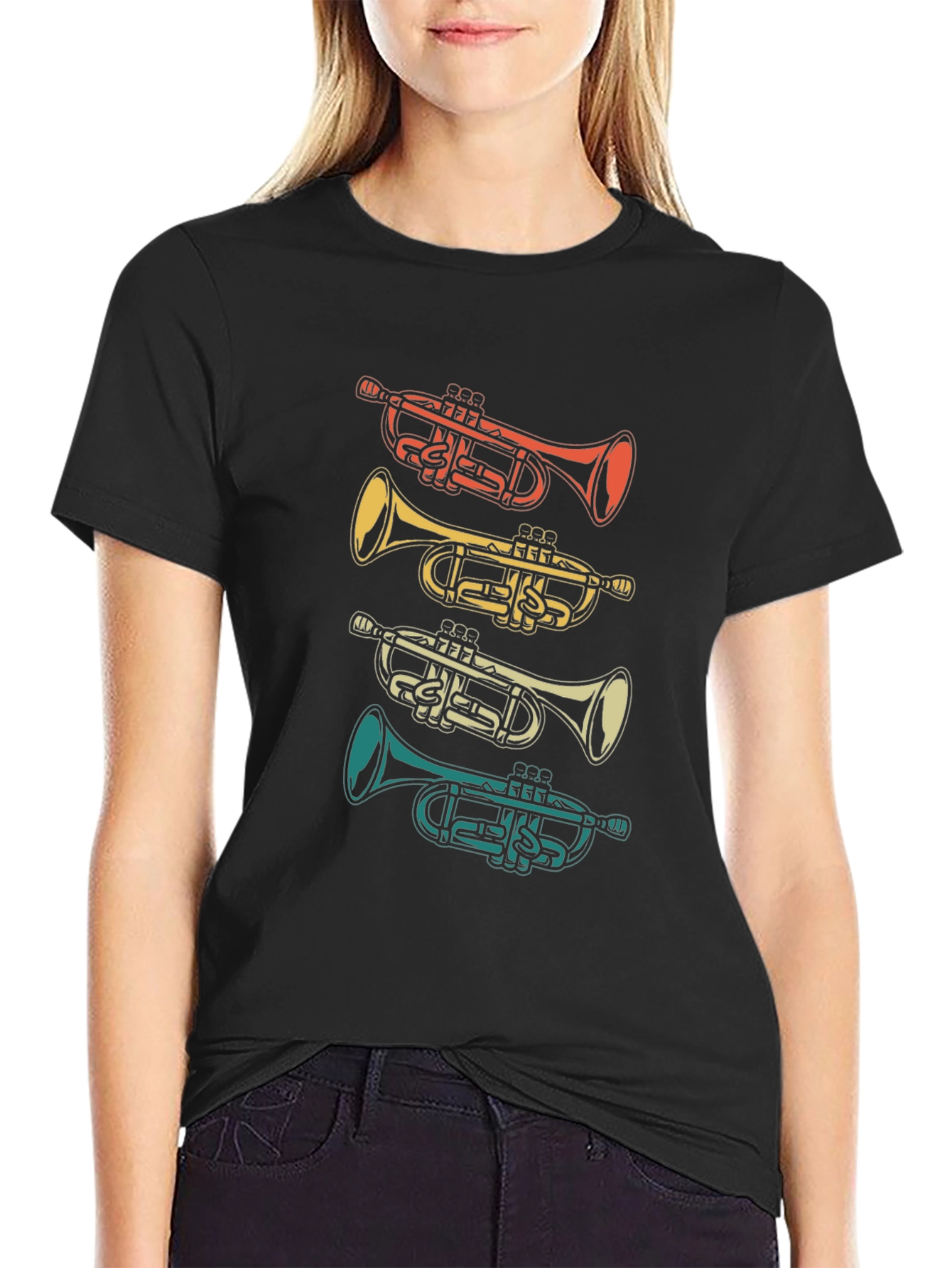 Black Retro Trumpet Graphic Tee - Black Cotton T-Shirt view 2