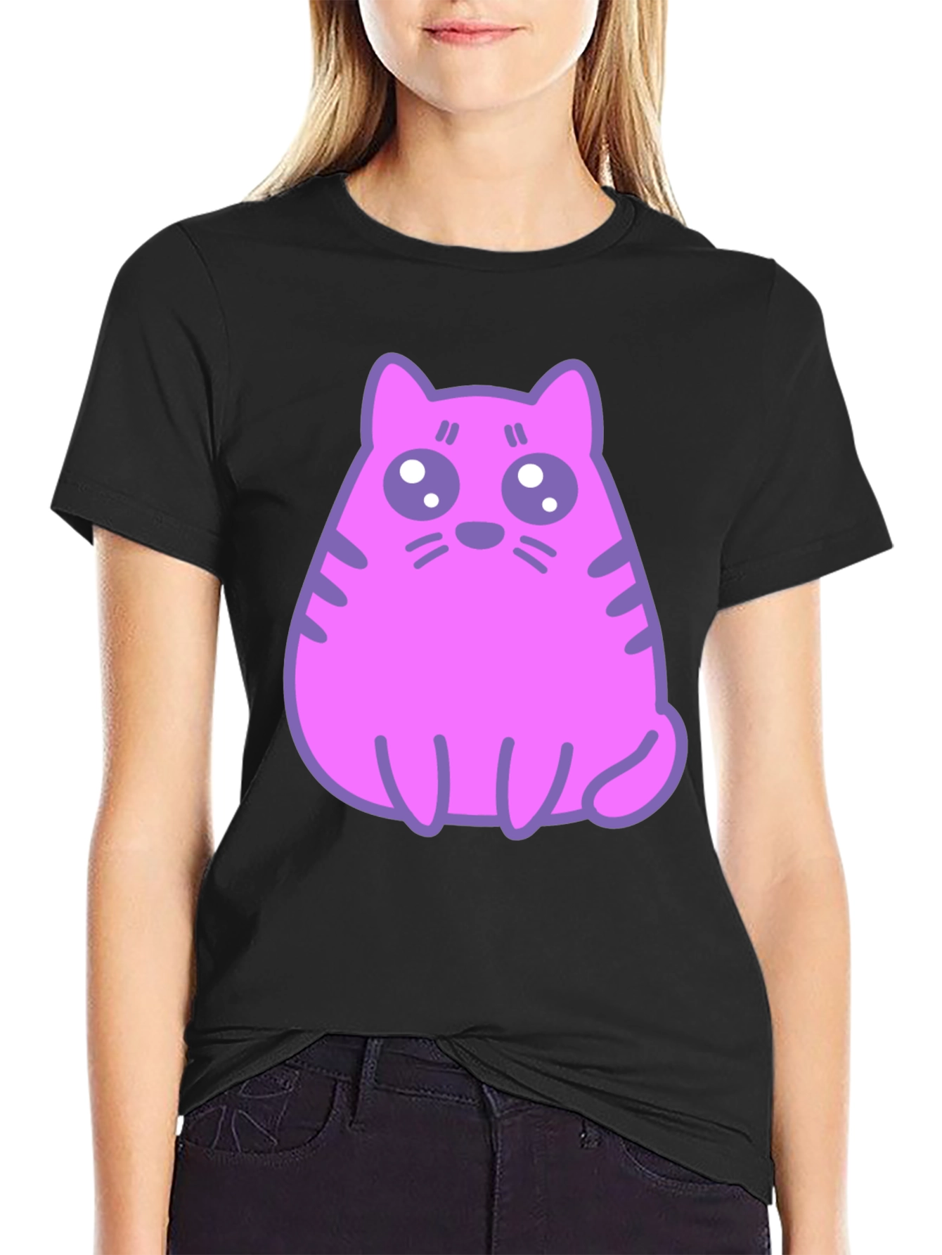Black Cute Pink Cat Graphic T-Shirt - Black Cotton Blend Tee view 2