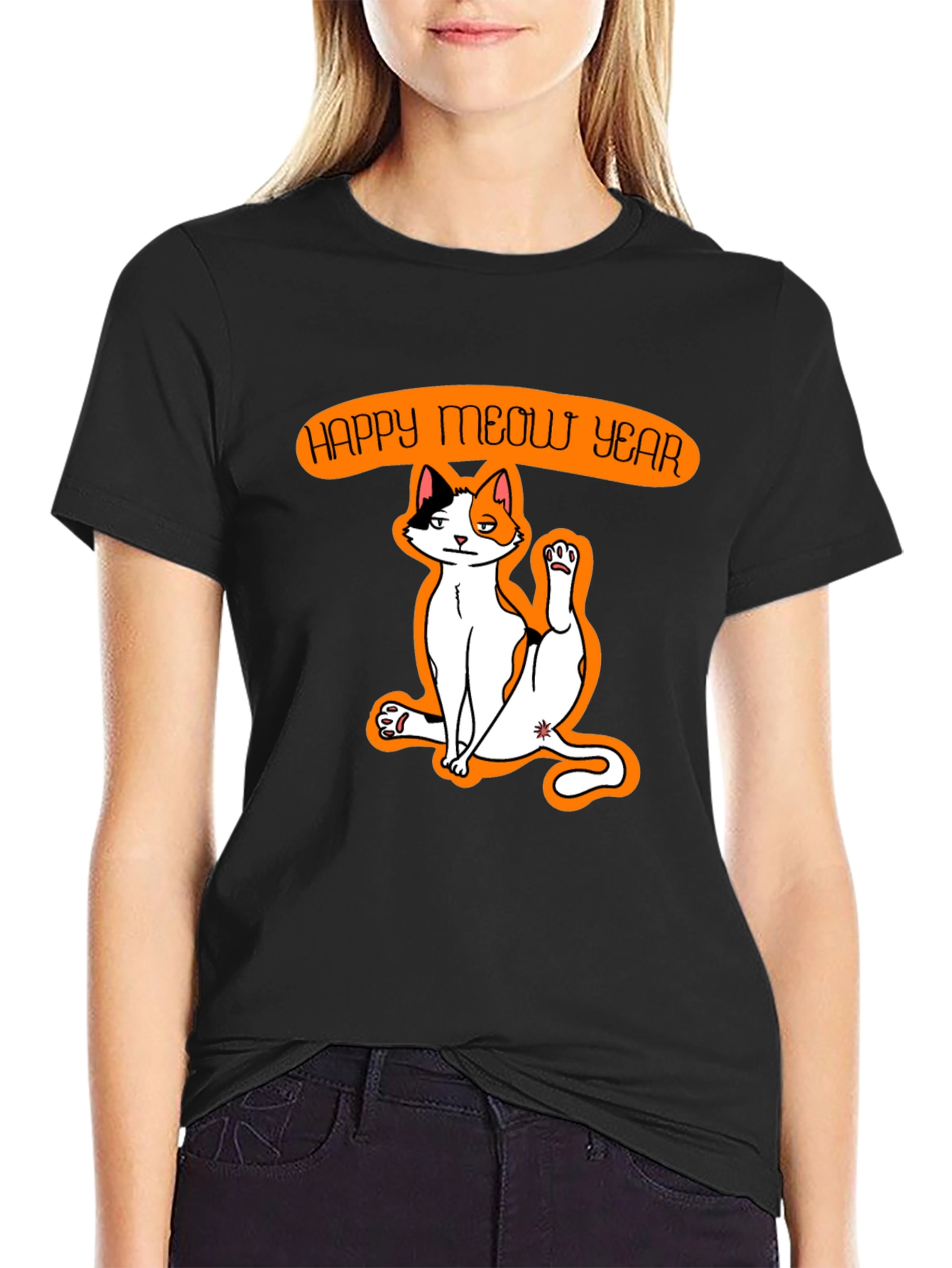 Black Happy Meow Year T-Shirt - Festive Cat Graphic Tee view 2