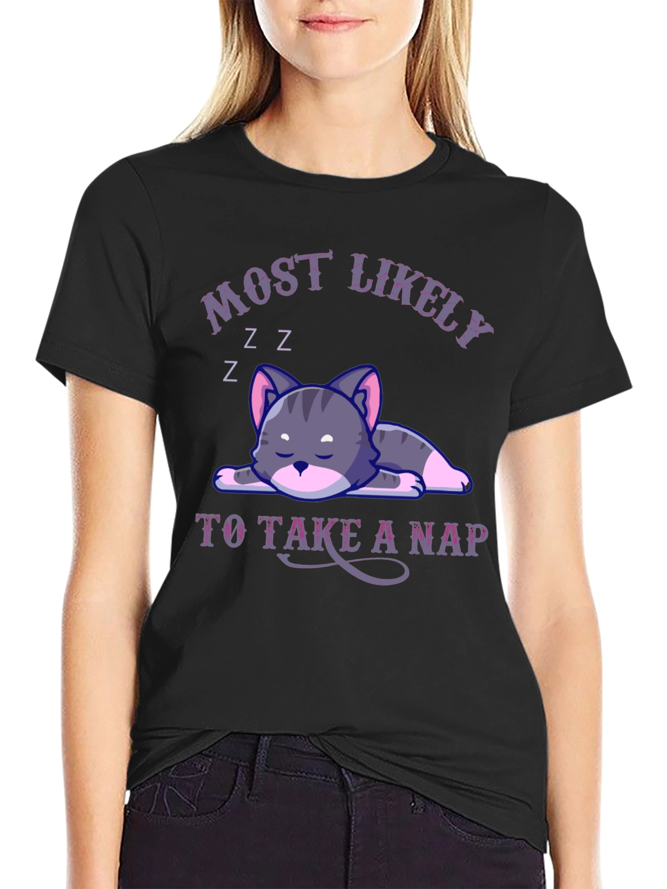 Black Most Likely To Take A Nap Cat T-Shirt view 2