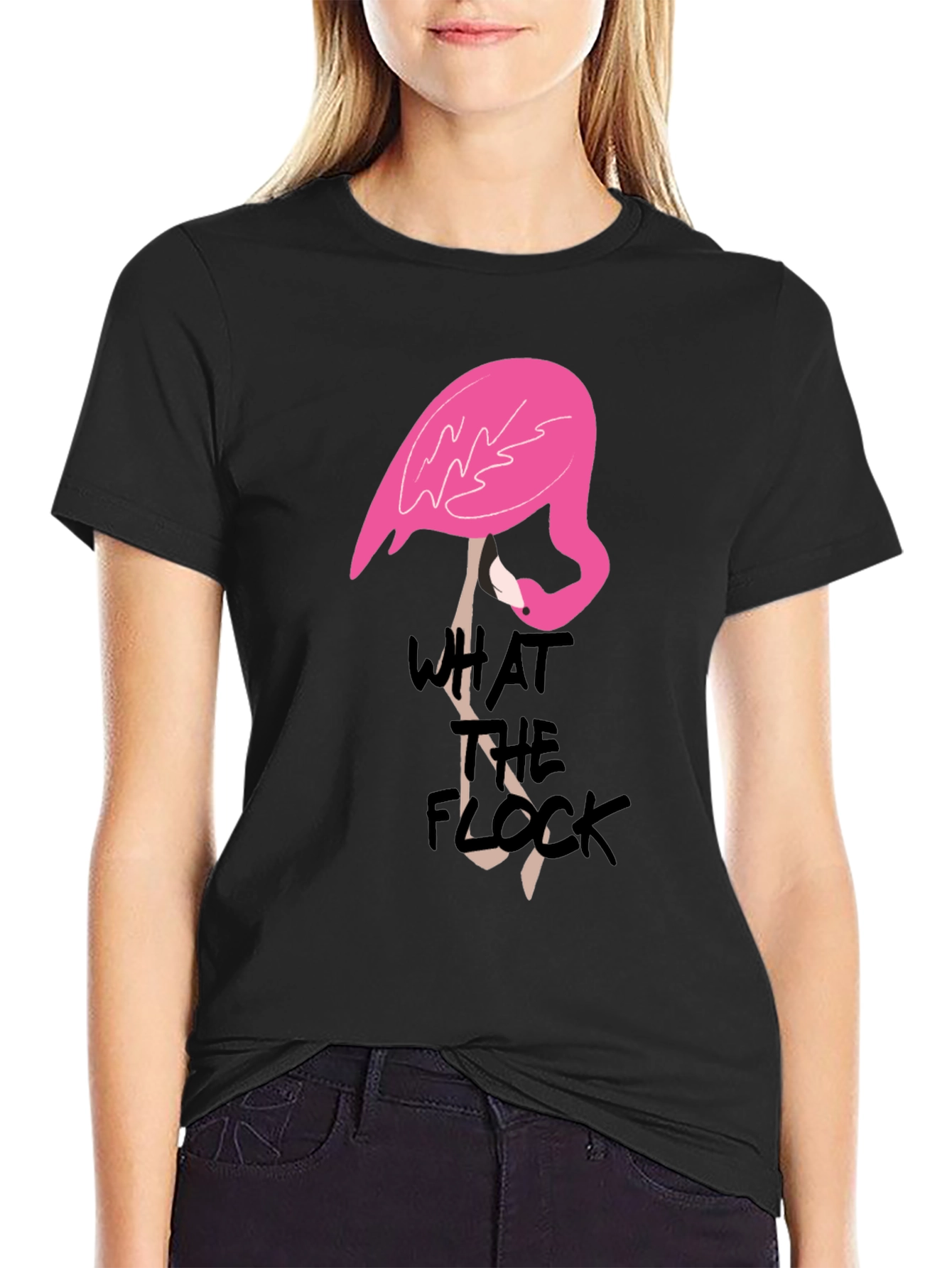 Black What the Flock T-Shirt - Quirky Flamingo Tee view 2