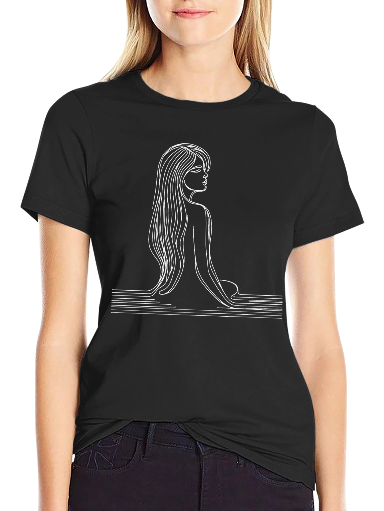 Black Minimalist Line Art Woman Graphic Tee - Black view 2