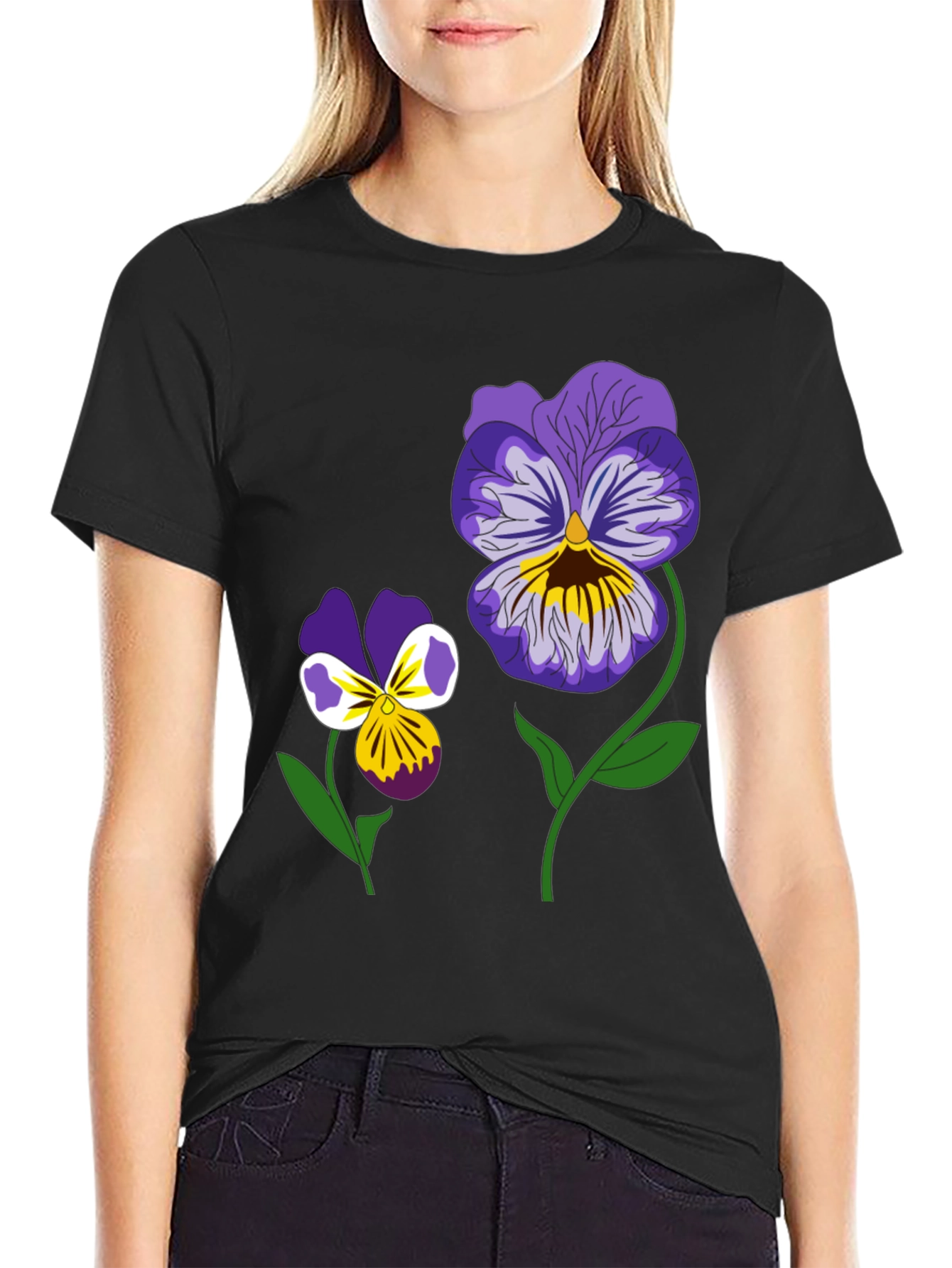 Black Floral Graphic T-Shirt - Pansy Design Black Tee view 2