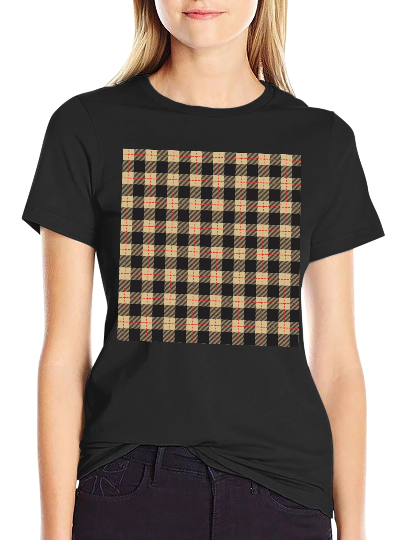 Black Plaid Pattern Black Casual T-Shirt view 2