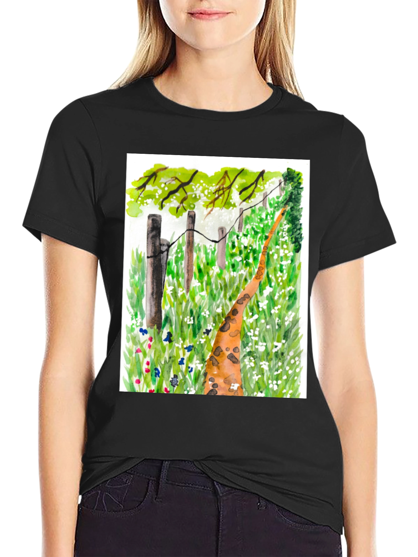 Black Watercolor Meadow Path Black T-Shirt view 2