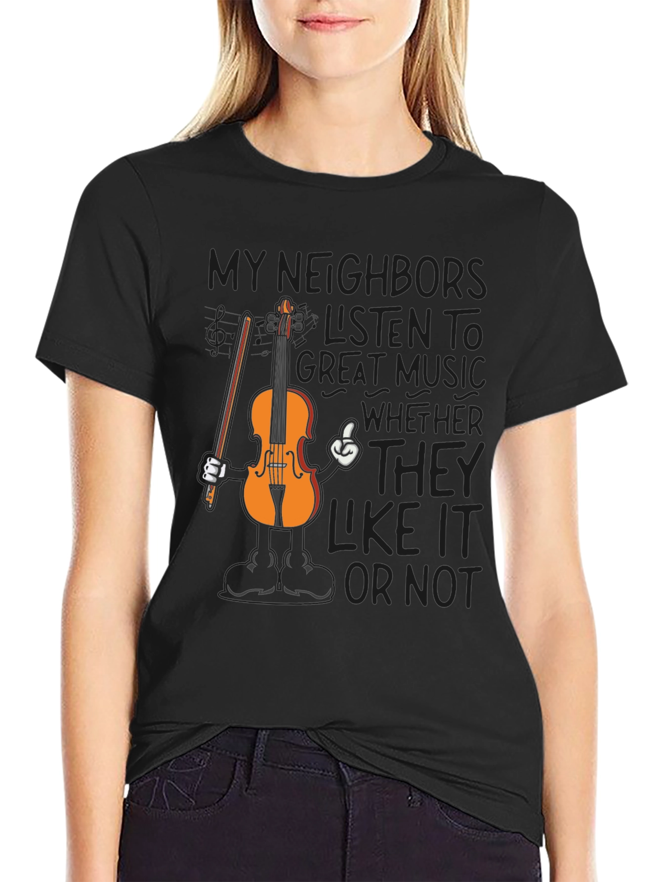 Black Funny Music T-Shirt - My Neighbors Listen To Great Music view 2