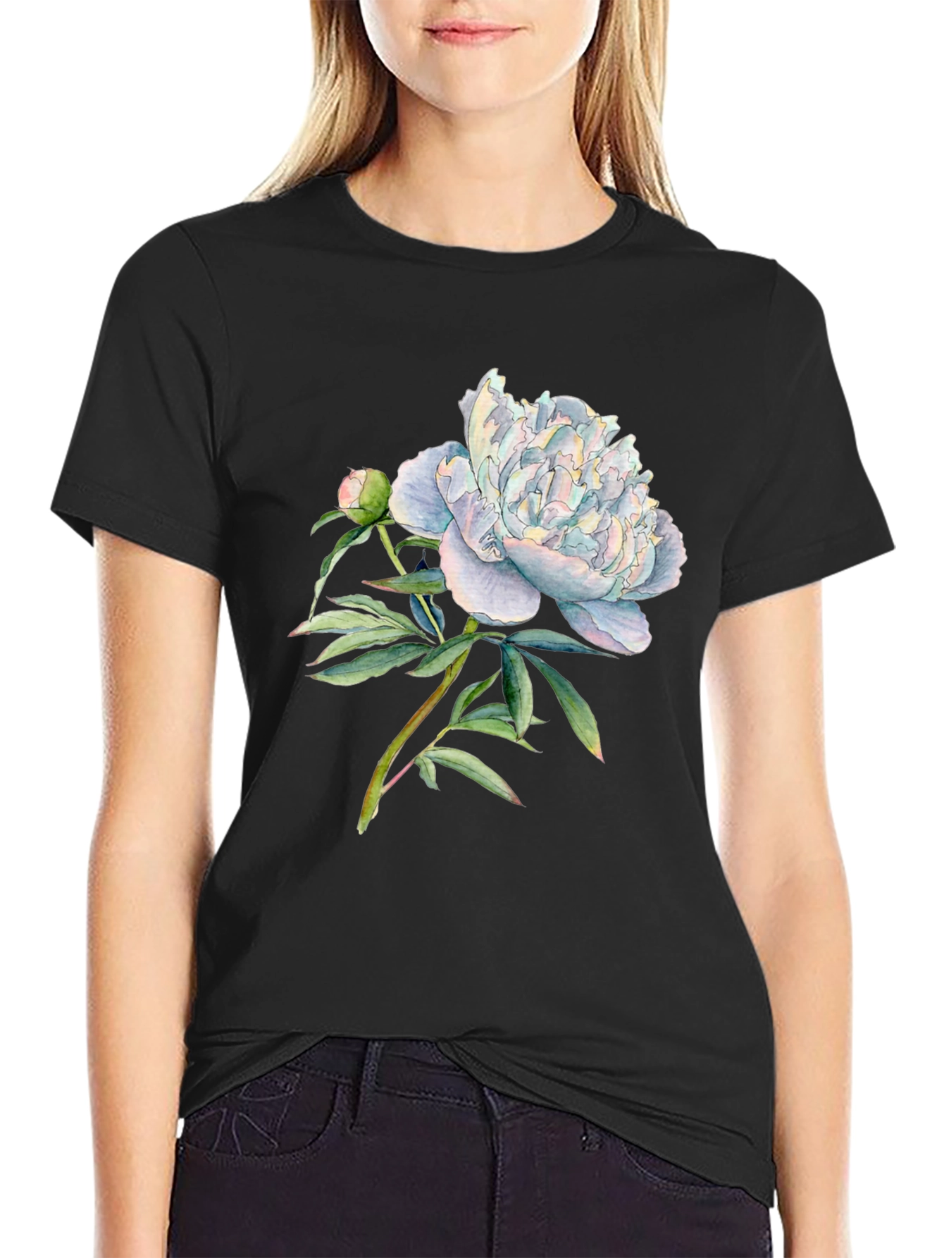 Black Floral Peony Graphic Black T-Shirt view 2