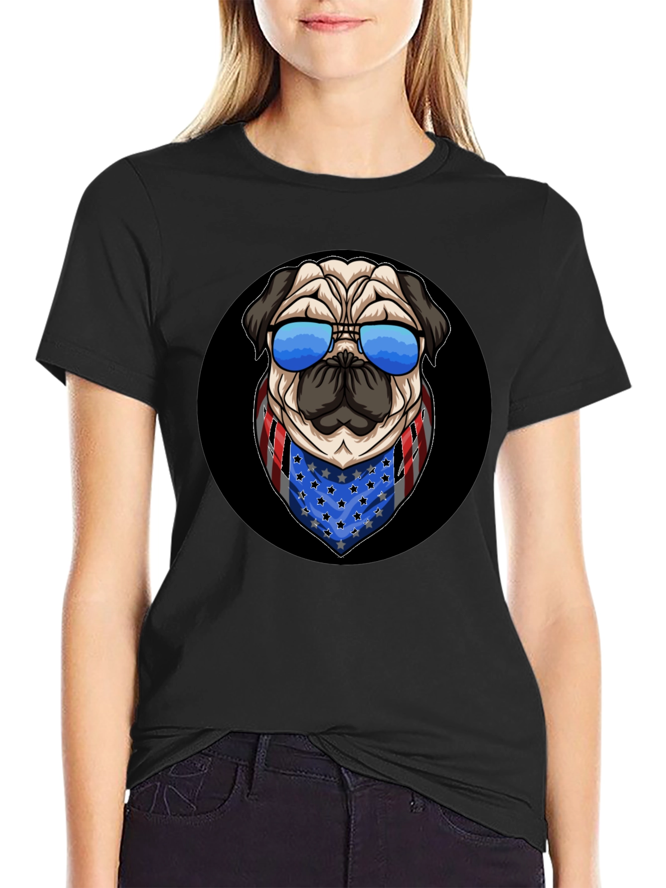 Black Patriotic Pug T-Shirt: USA Flag Bandana & Shades view 2
