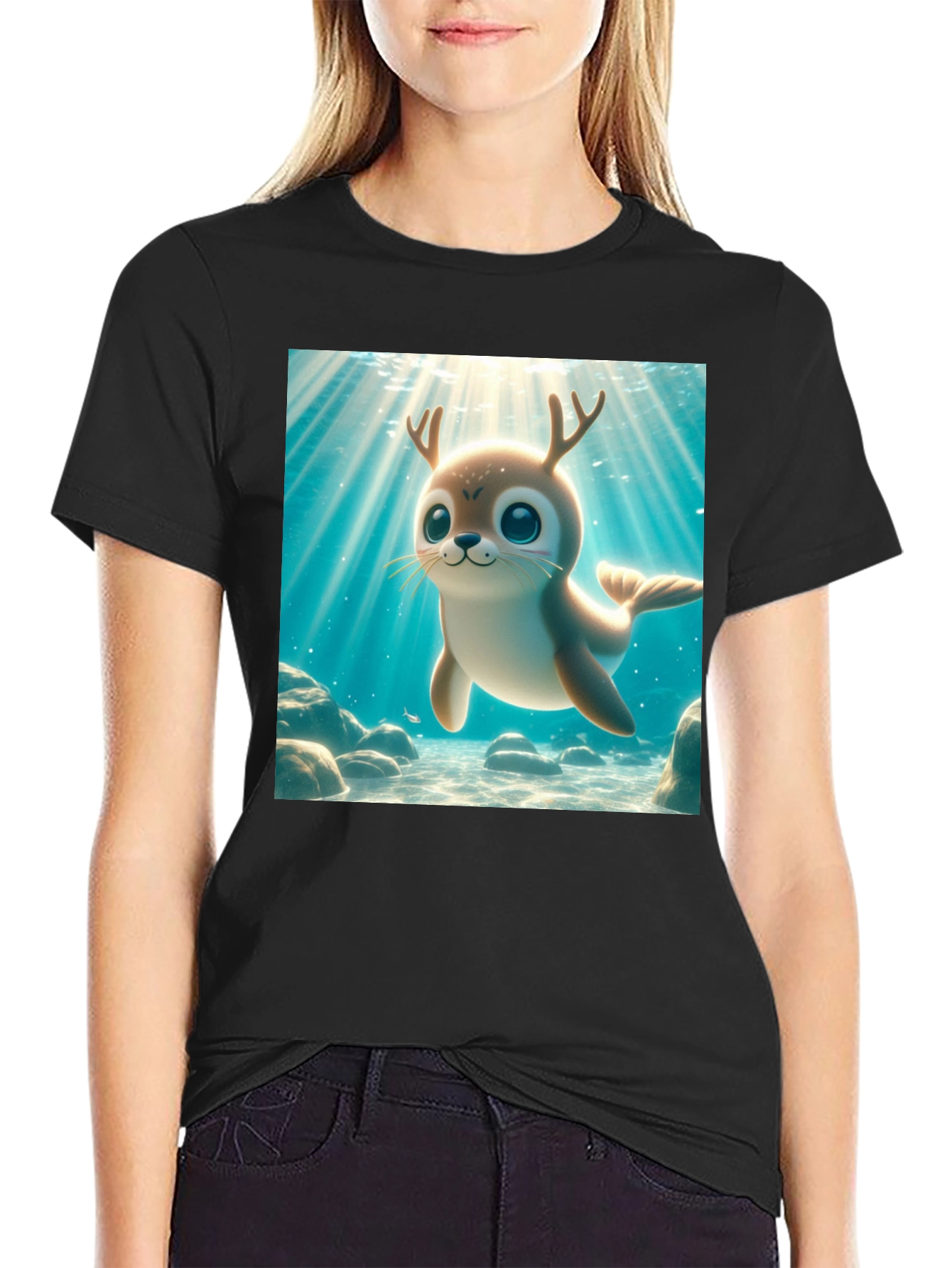 Black Cute Antlered Seal T-Shirt view 2
