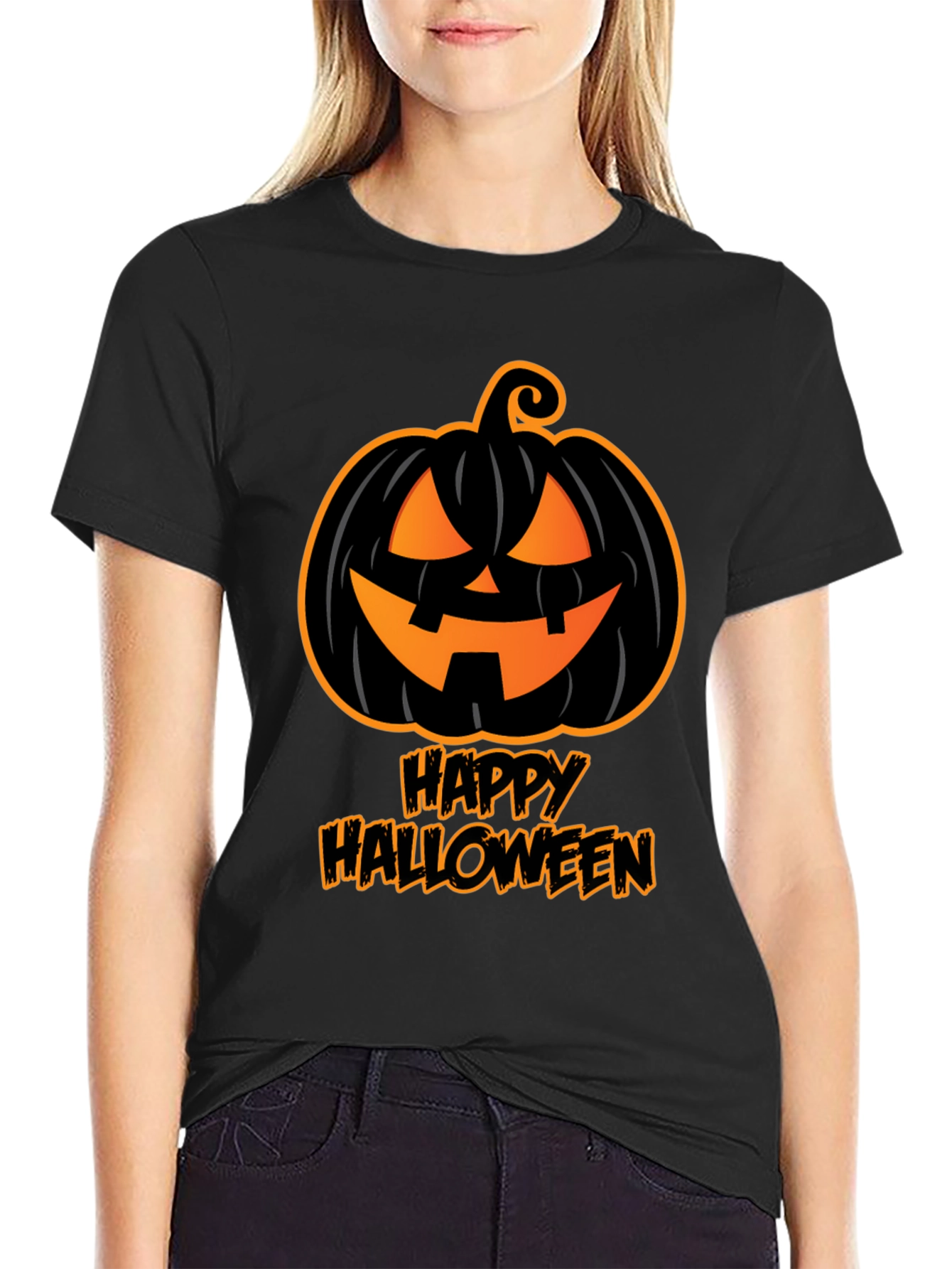 Black Happy Halloween Pumpkin T-Shirt view 2