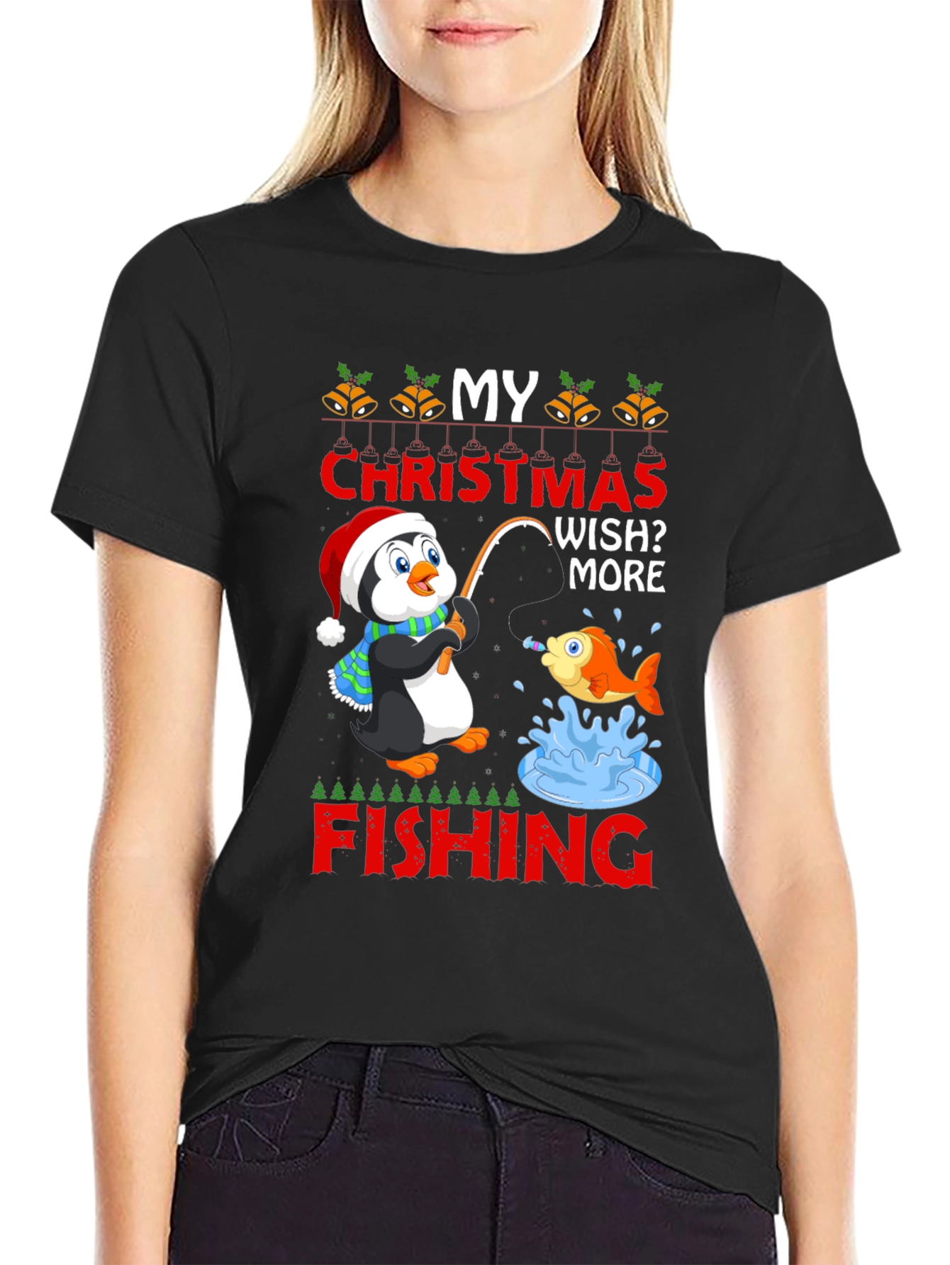 Black Christmas Penguin Fishing T-Shirt view 2