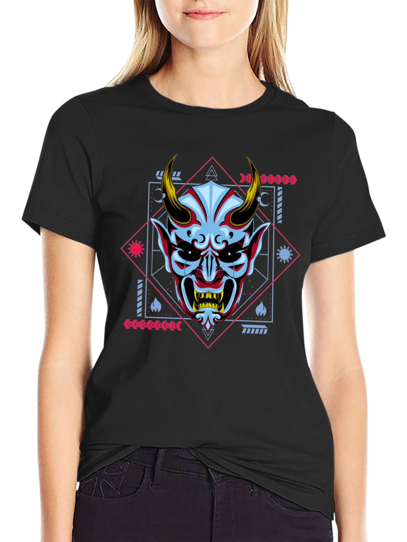 Black Geometric Oni Mask Graphic Tee - Black view 2