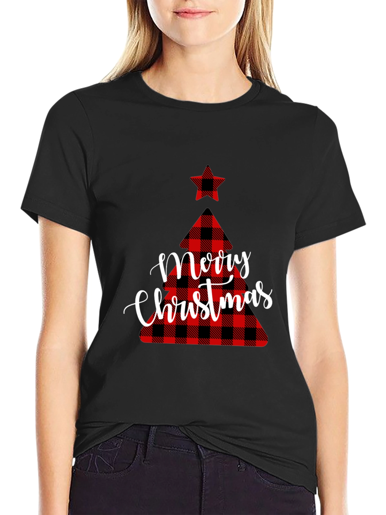 Black Plaid Christmas Tree Graphic Tee view 2