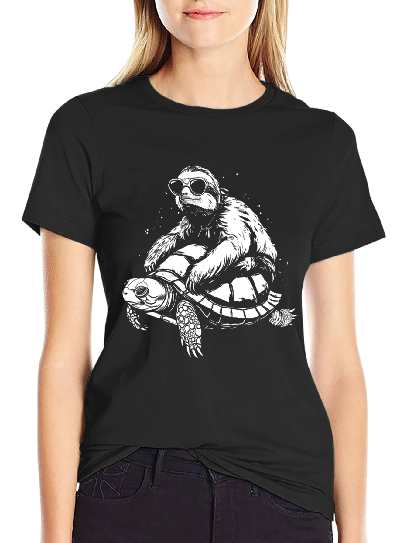 Black Sloth Riding Turtle Graphic Tee view 2