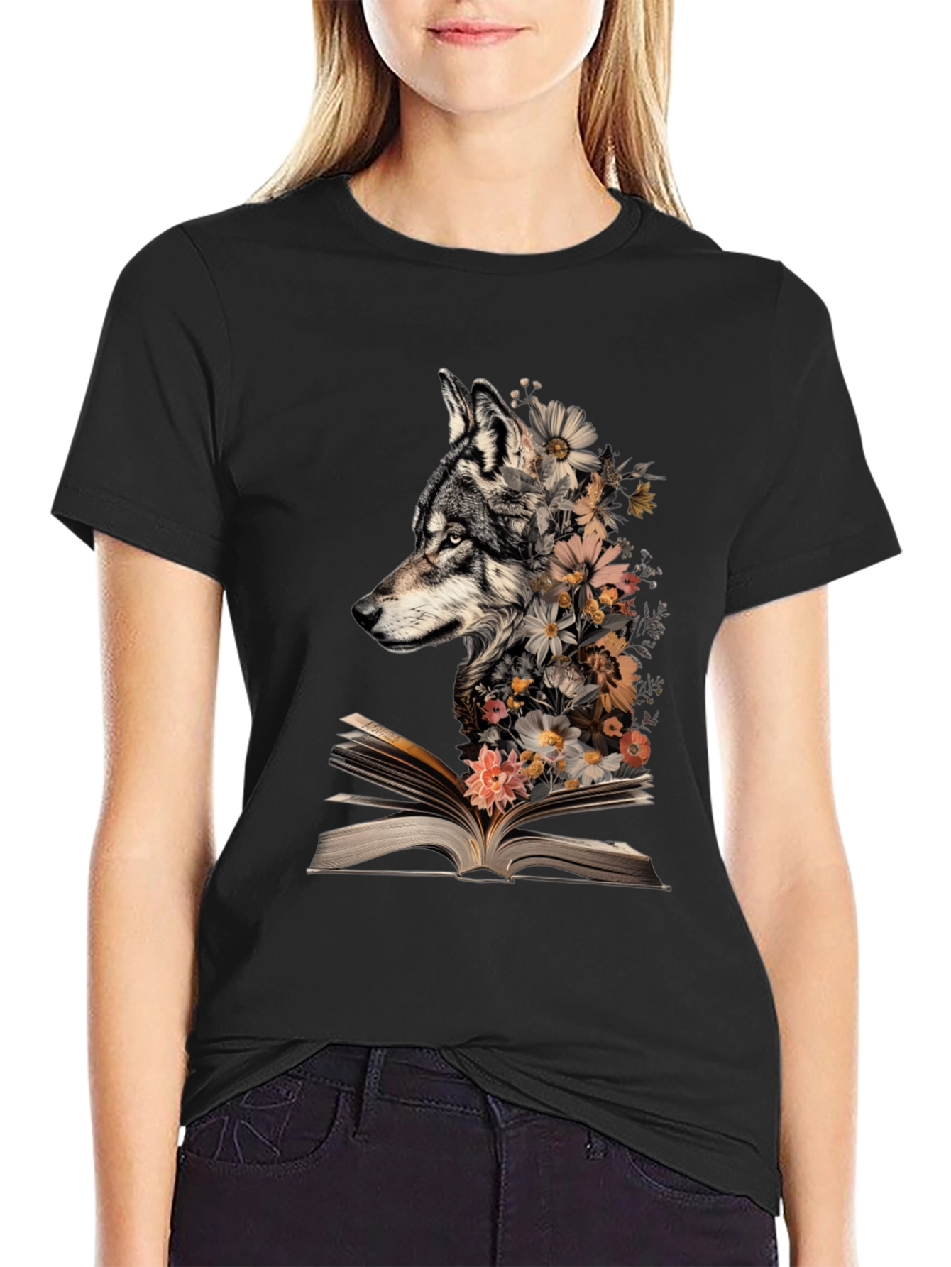 Black Wolf & Floral Book T-Shirt view 2
