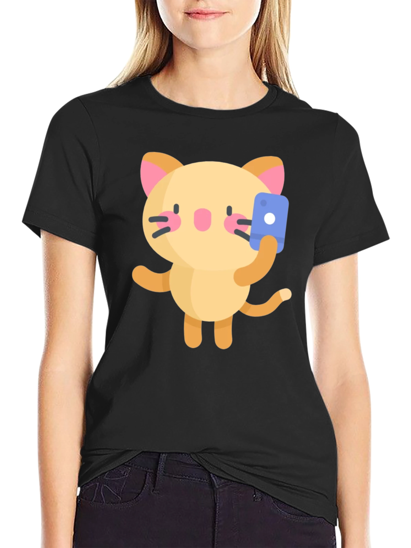 Black Selfie Cat Graphic Tee - Black Cotton Blend Shirt view 2
