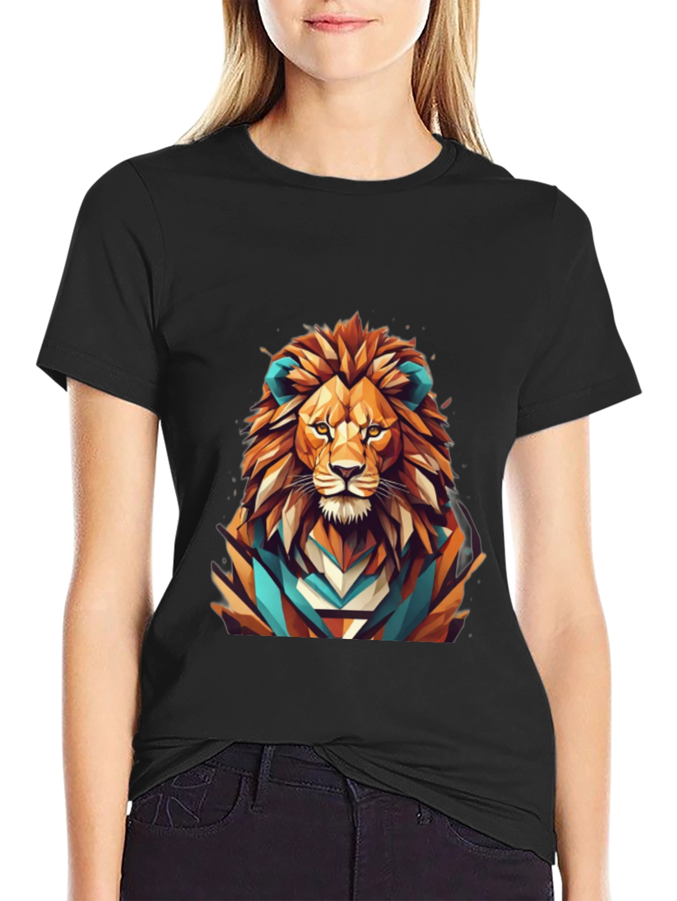 Black Geometric Lion Graphic Tee - Men's Black T-Shirt view 2