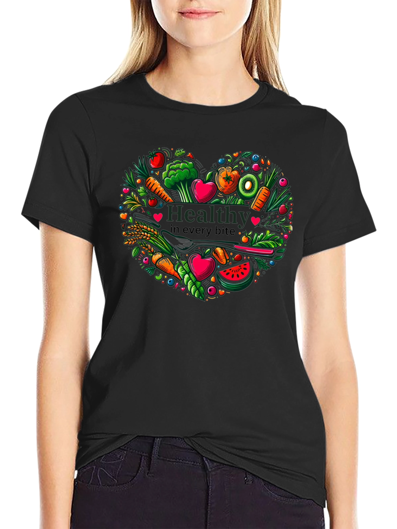 Black Healthy Bites Heart Graphic T-Shirt view 2