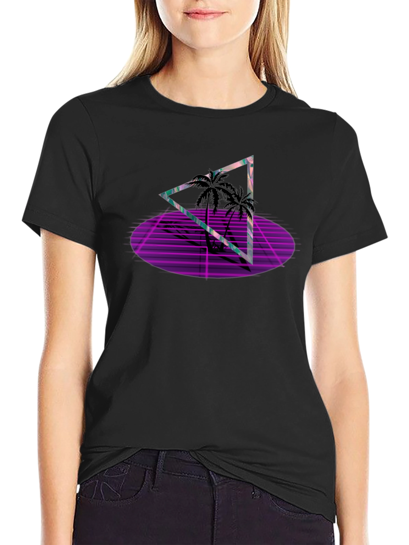 Black Retro Palm Triangle Black T-Shirt view 2