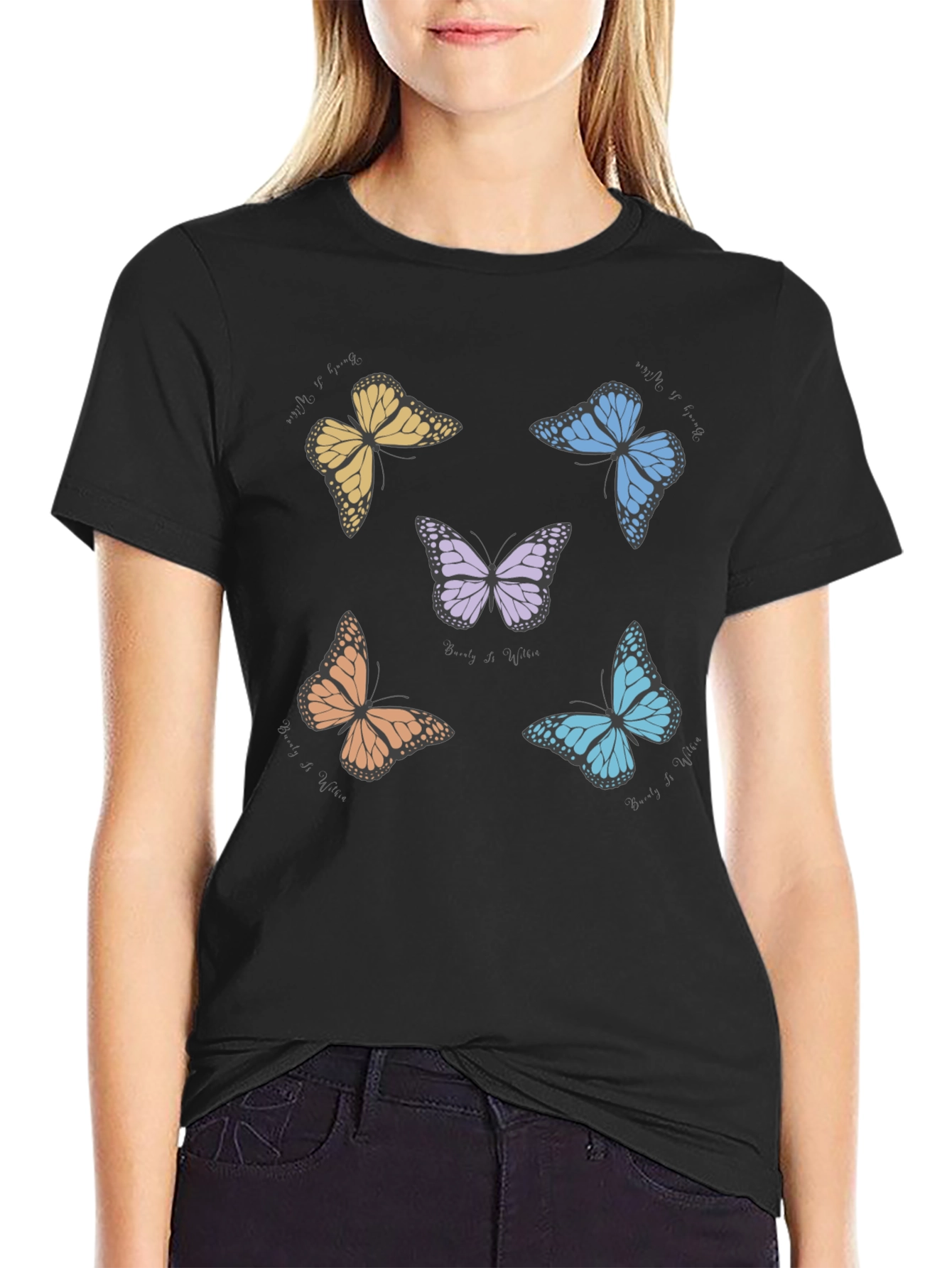 Black Butterfly Print Crew Neck T-Shirt view 2