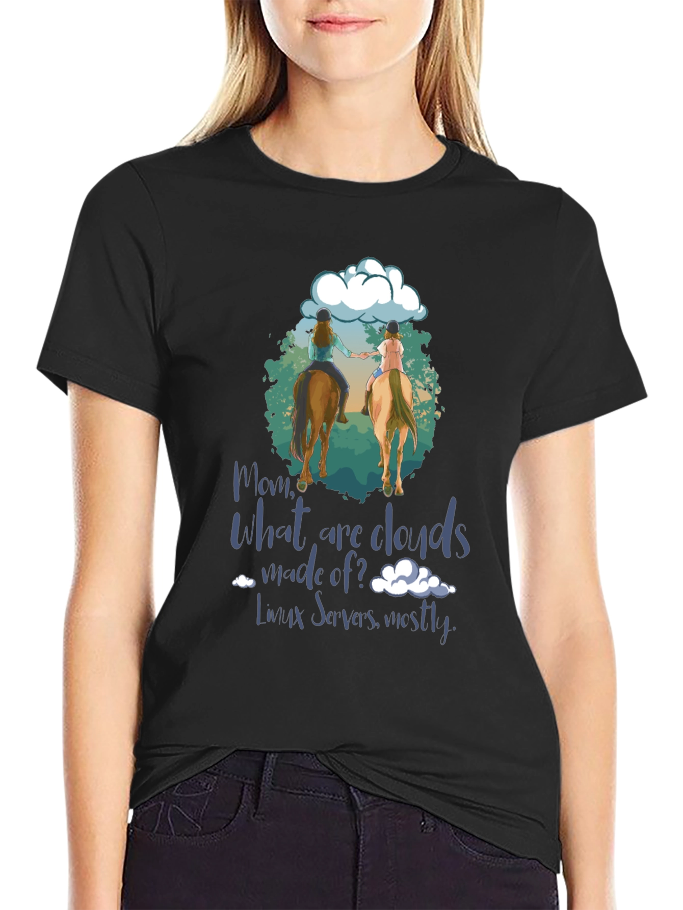 Black Equestrian 'What are Clouds Made Of?' T-Shirt view 2
