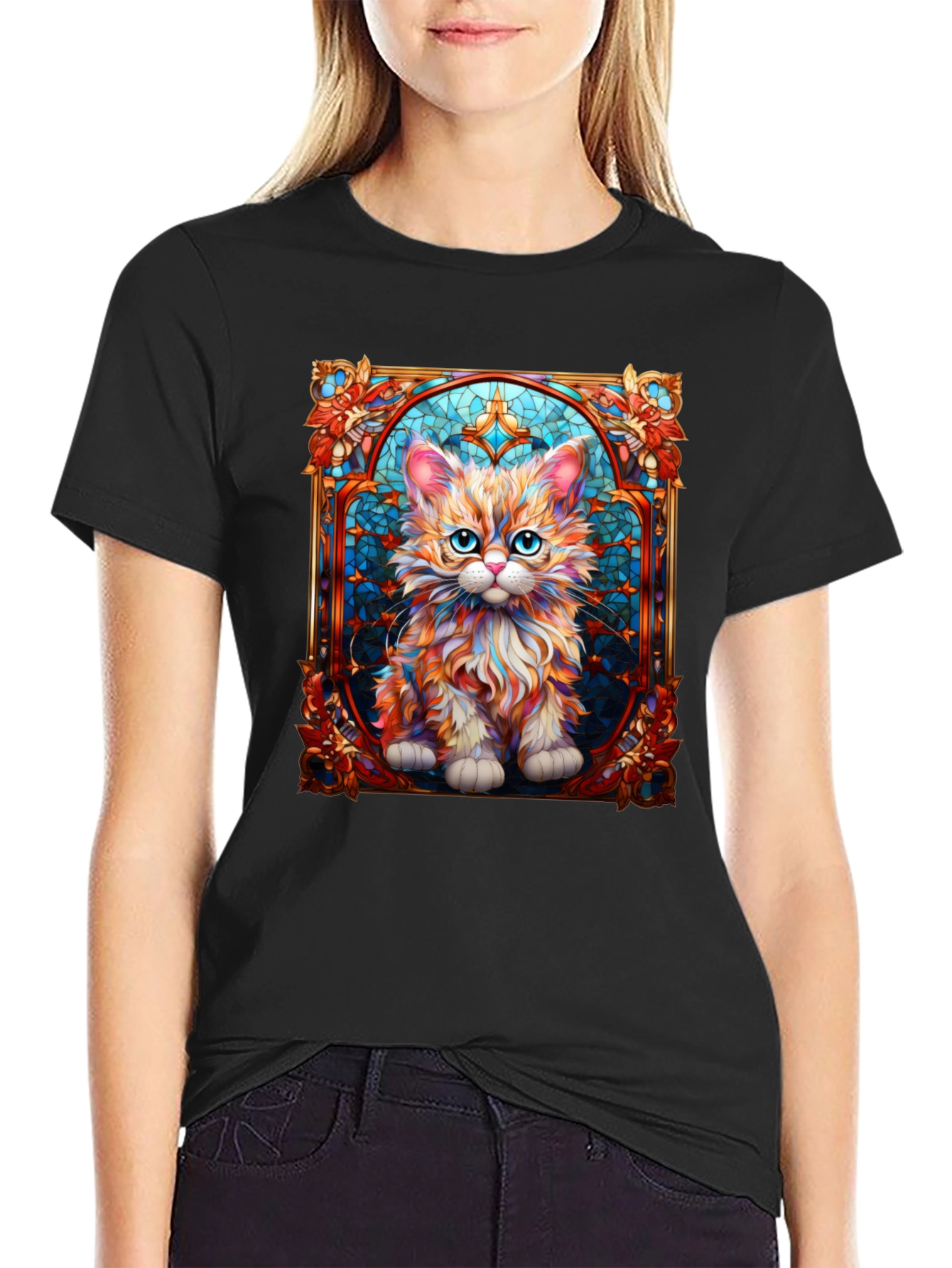 Black Stained Glass Cat Art T-Shirt view 2