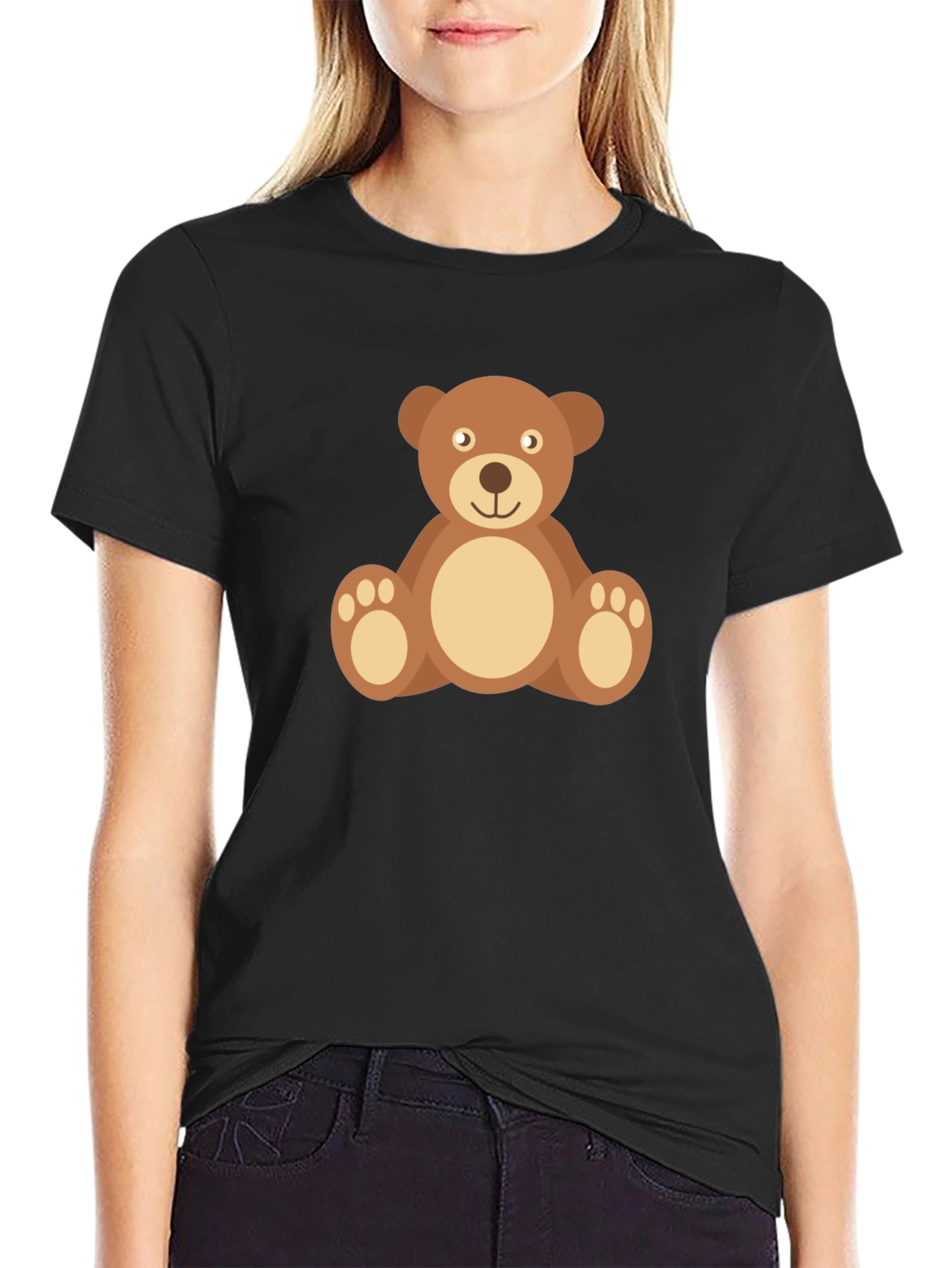Black Cute Teddy Bear Graphic Tee - Black Cotton Shirt view 2