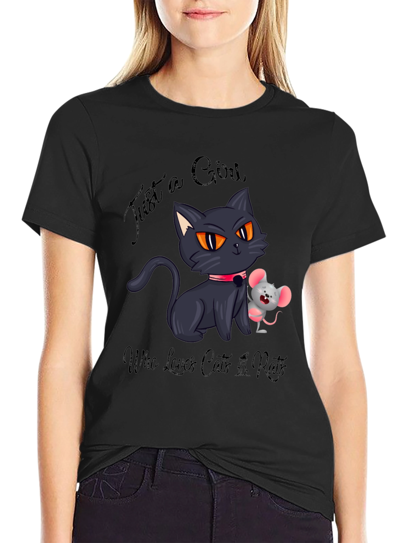 Black Cute Cat and Mouse Graphic Tee view 2