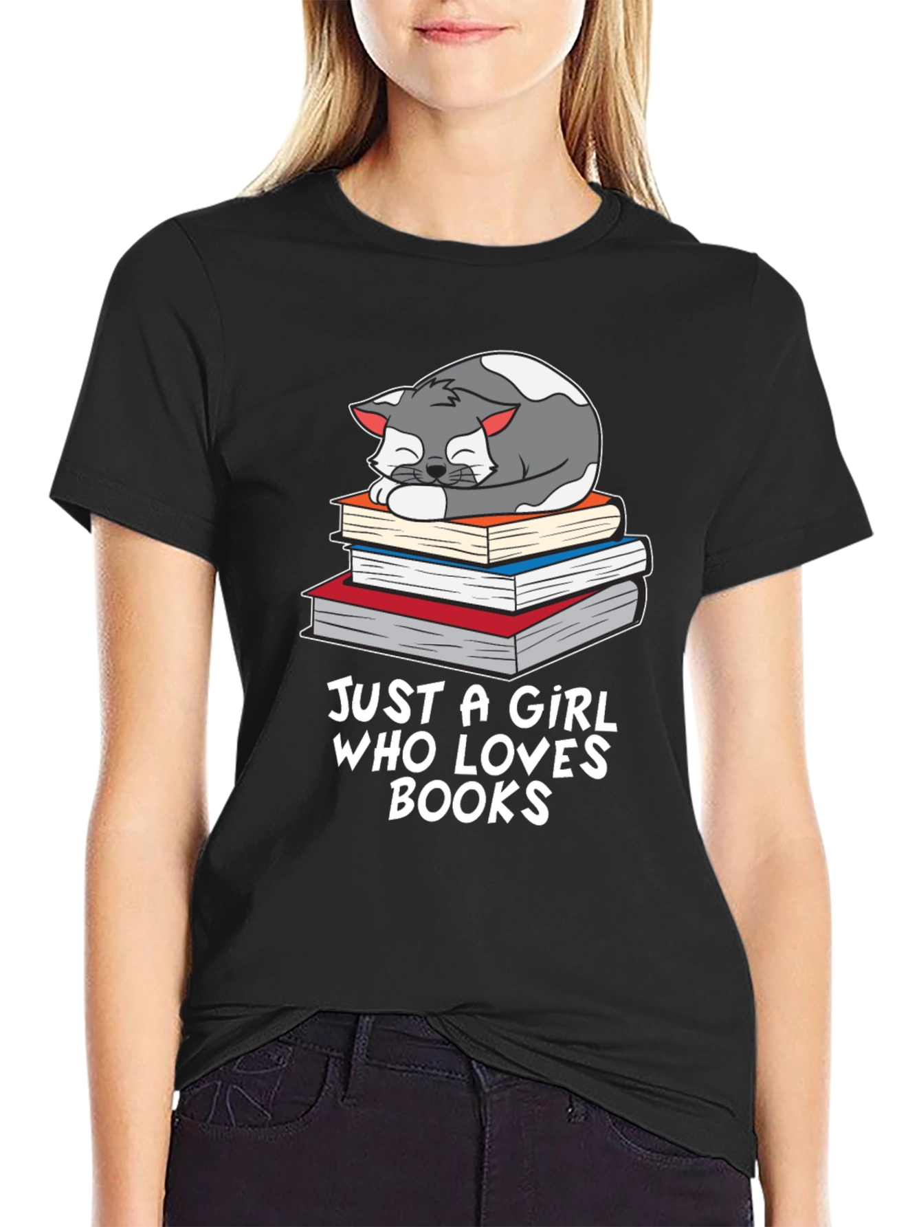Black Cat on Books T-Shirt - Just a Girl Who Loves Books view 2