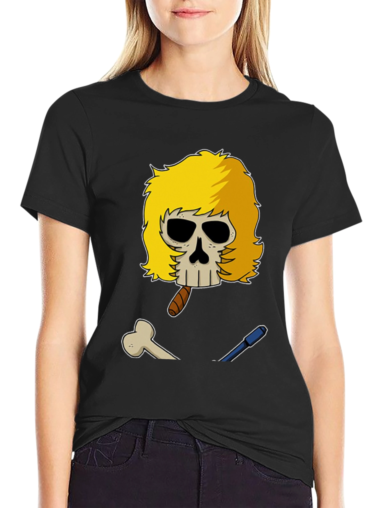 Black Skull with Blonde Wig T-Shirt view 2