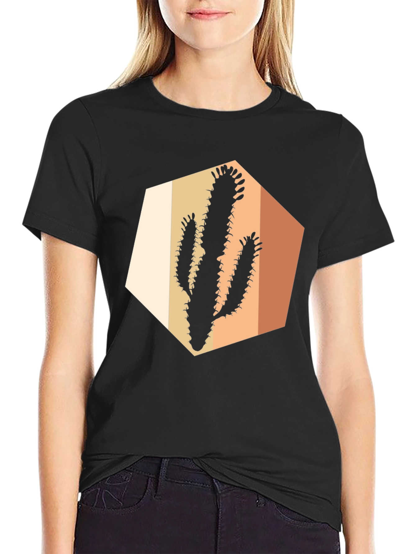 Black Retro Cactus Graphic Tee - Black Cotton Casual Wear view 2