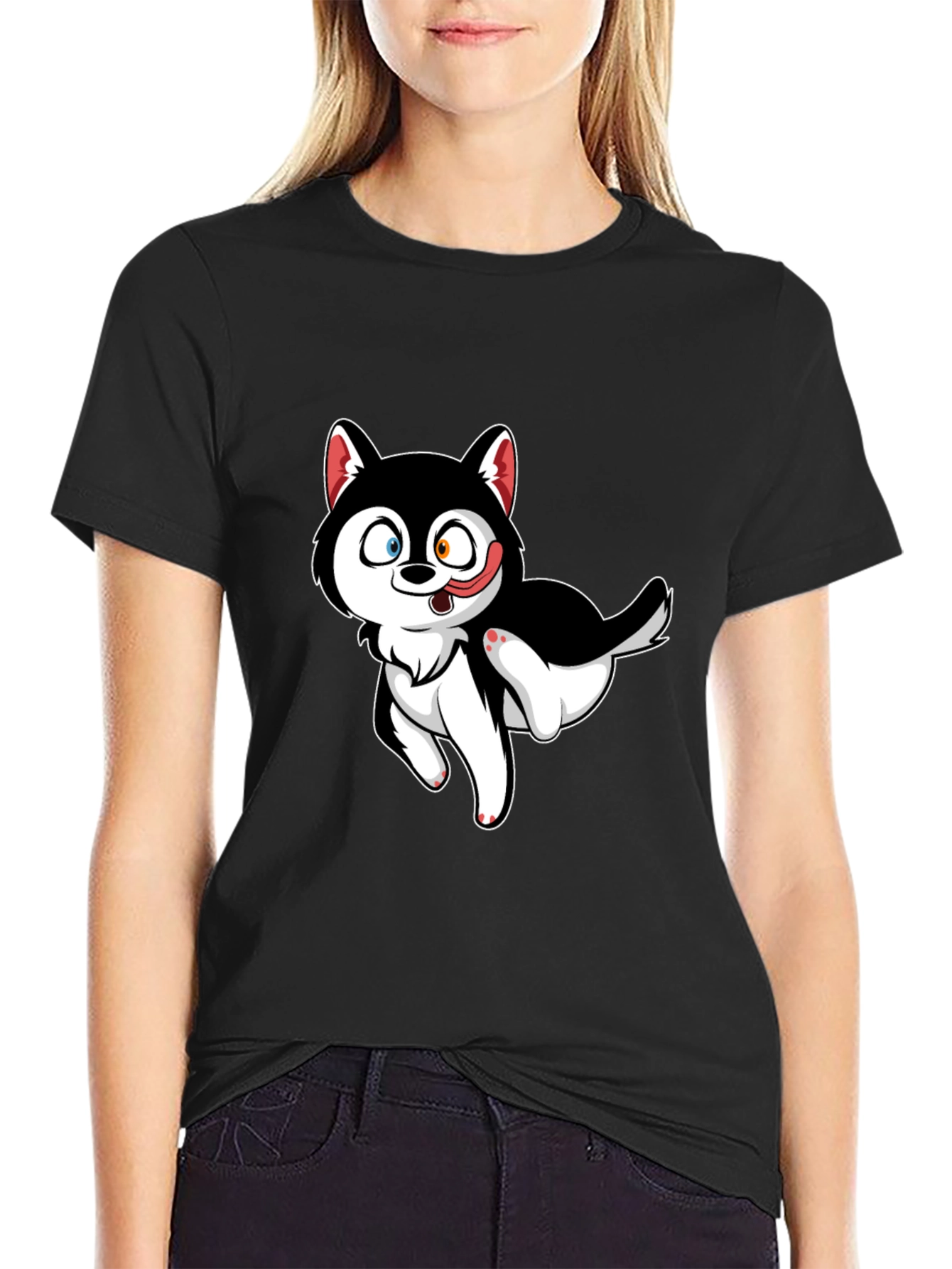 Black Cute Cartoon Husky Graphic T-Shirt - Black view 2