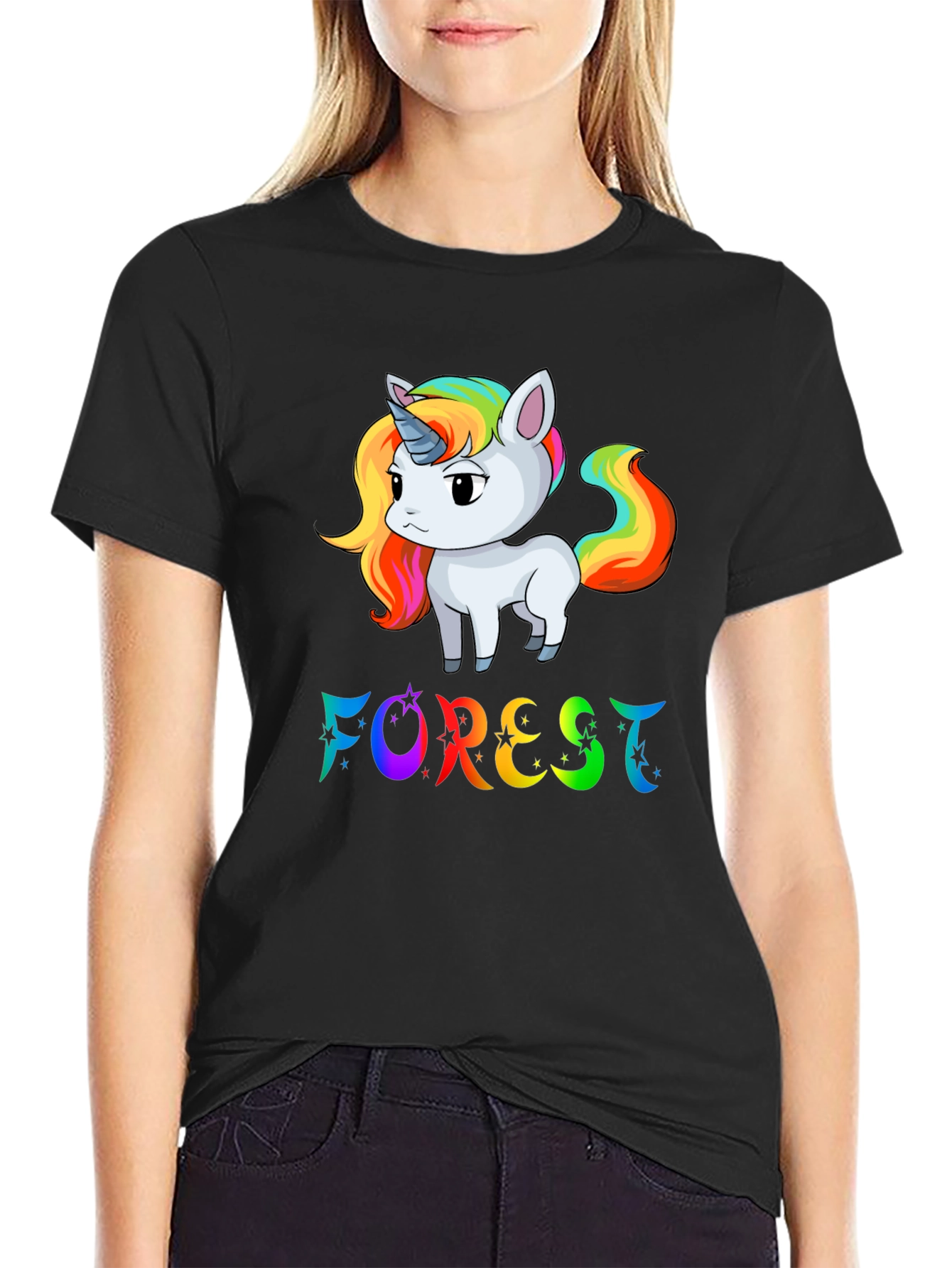 Black Rainbow Unicorn 'Forest' Graphic T-Shirt view 2